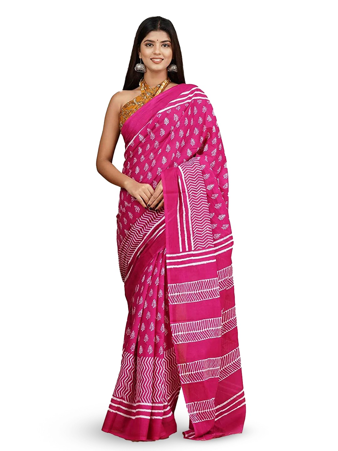 

Craft Musium Floral Pure Cotton Bagru Saree, Pink