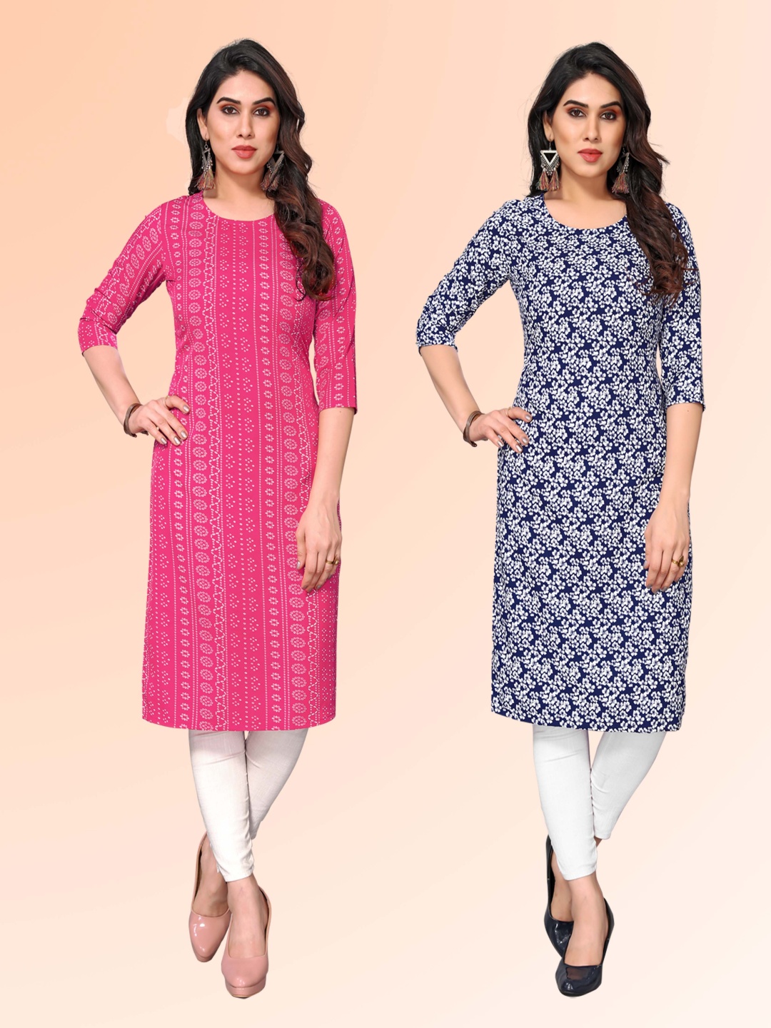 

KETAKI FASHION Selection Of 2 Floral Printed Round Neck Straight Kurtas, Blue