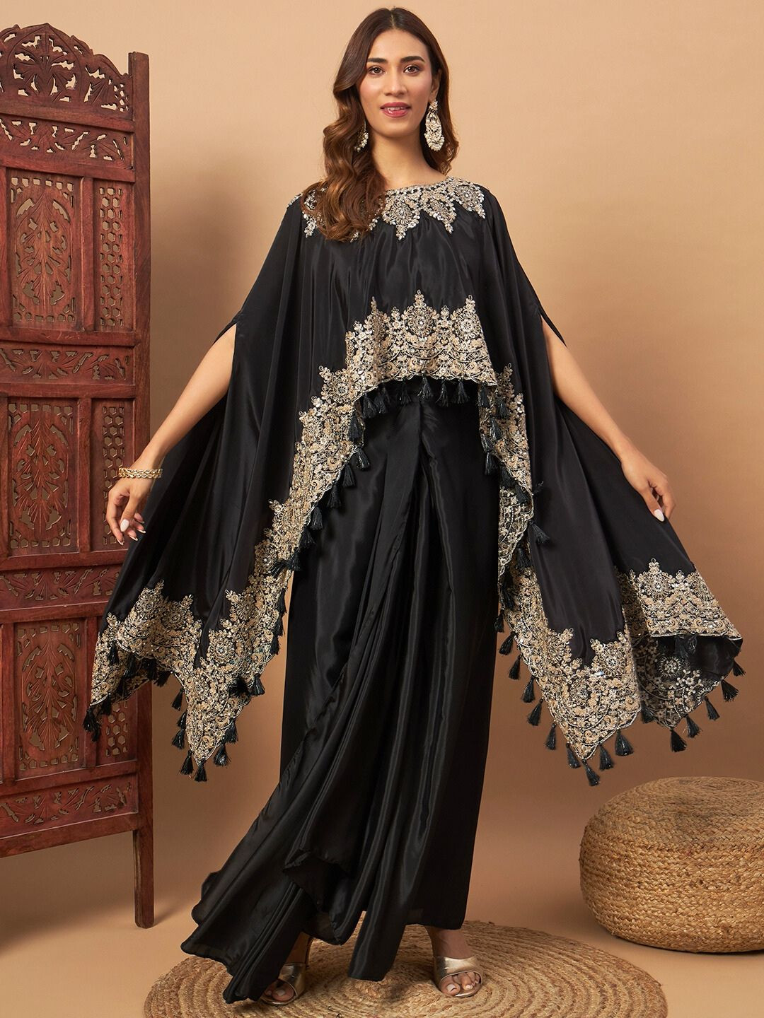 

Chhabra 555 Crepe Silk Zari Embroidered Tassel Crop Top & Skirt With Kaftan, Black
