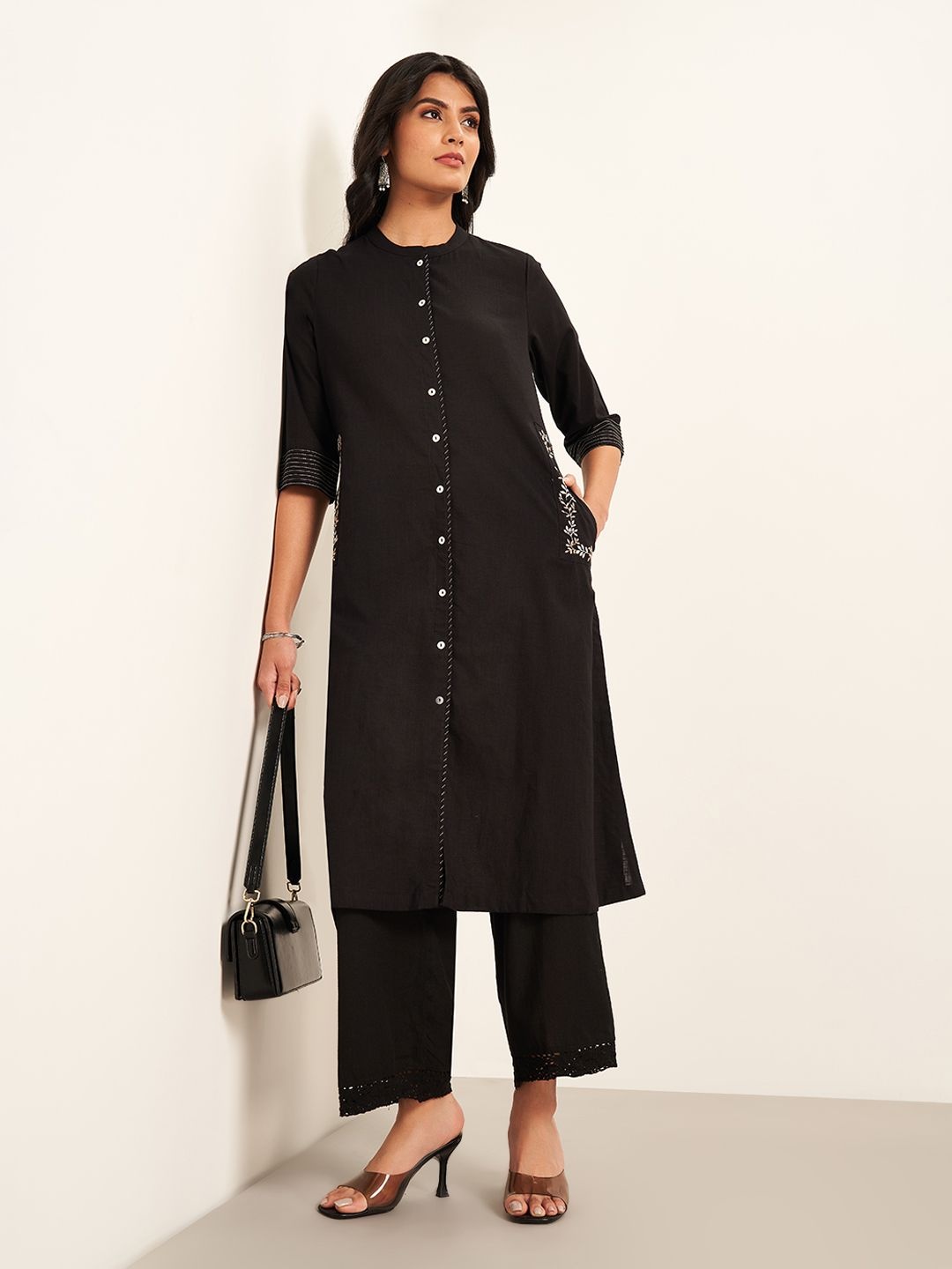 

RANGMANCH BY PANTALOONS Mandarin Collar A-Line Kurta, Black