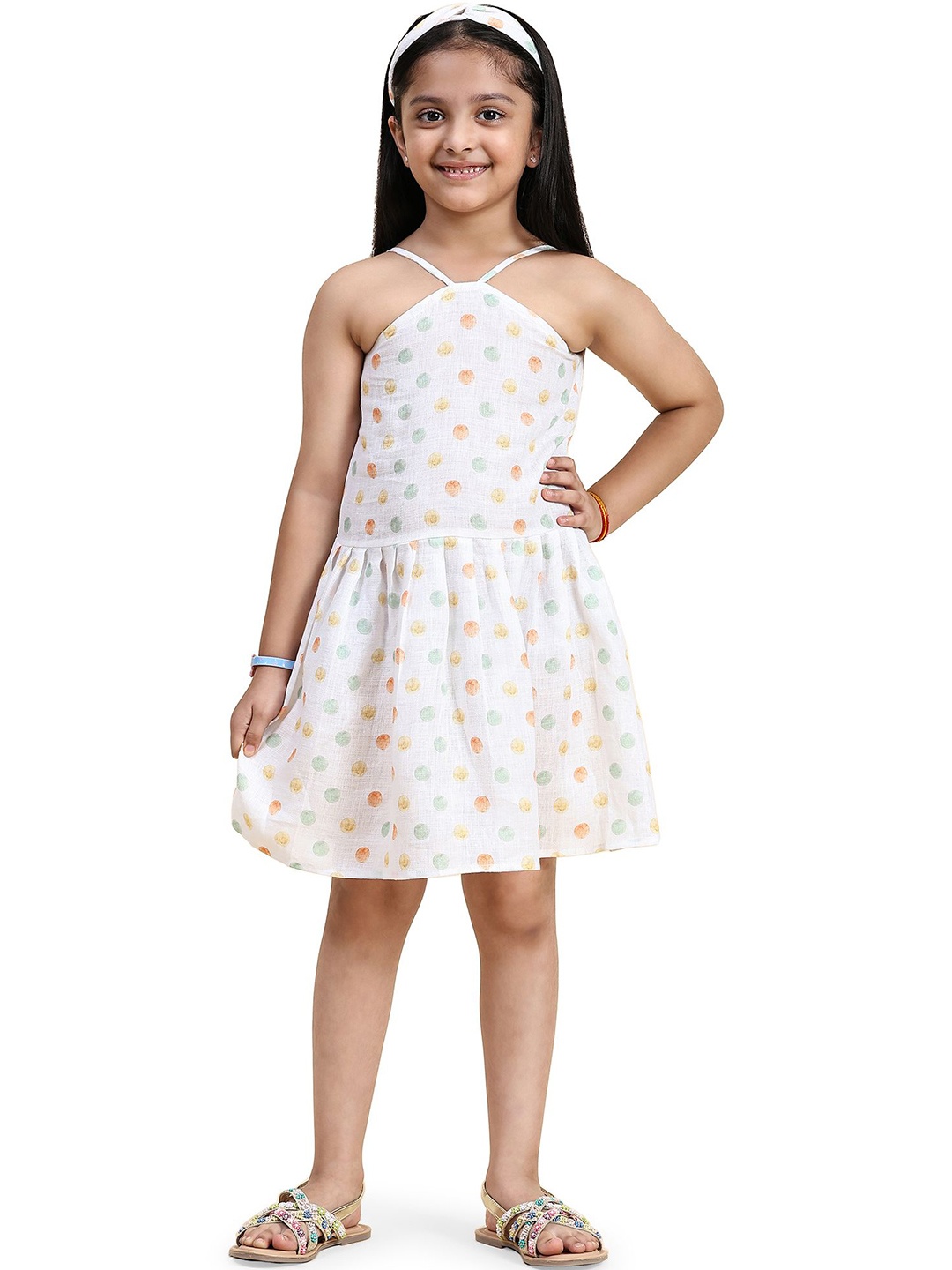 

Funny Bones Clothings Girls Polka Dot Print Halter Neck Linen A-Line Dress, White