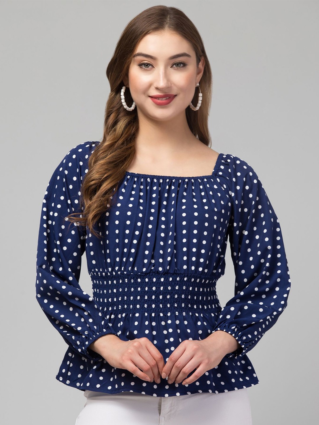 

CULPI Women Polka Dot Printed Crepe Cinched Waist Top, Blue