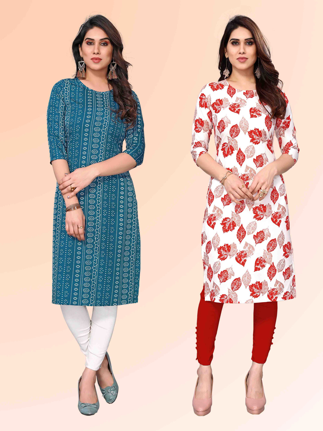 

KETAKI FASHION Selelction Of 2 Floral Printed Round Neck Straight Kurtas, White