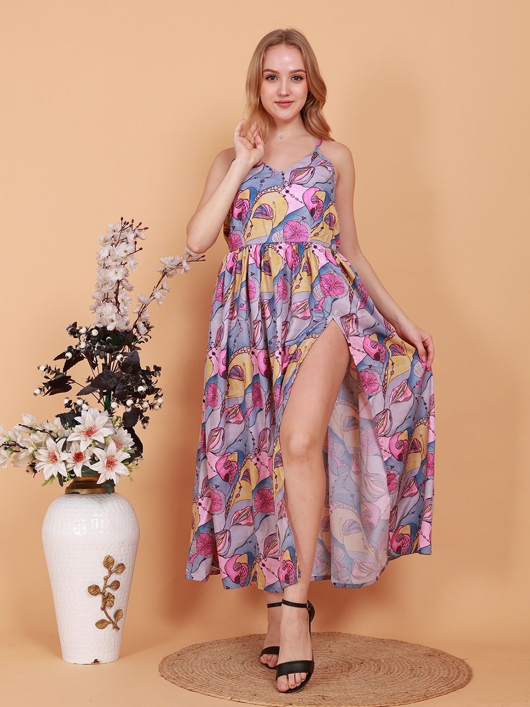 

BAESD Women Floral Printed Fit & Flare Maxi Dress with High Side Slit, Pink