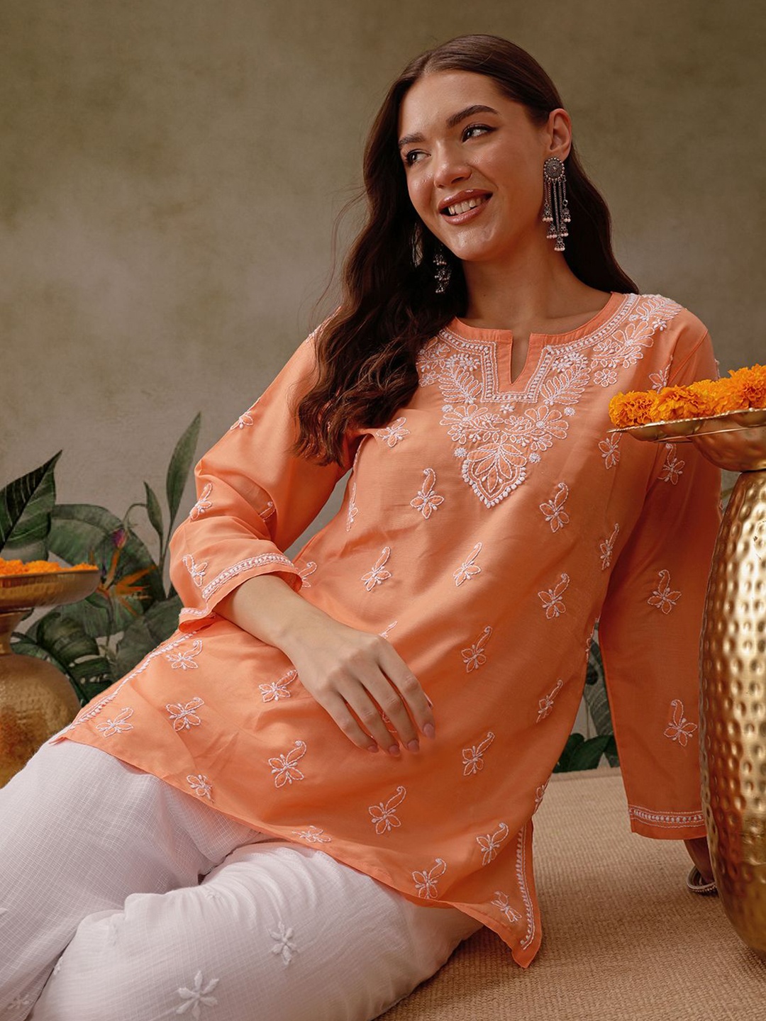 

ADA Women Ethnic Motifs Embroidered Chikankari Thread Work Kurti, Orange