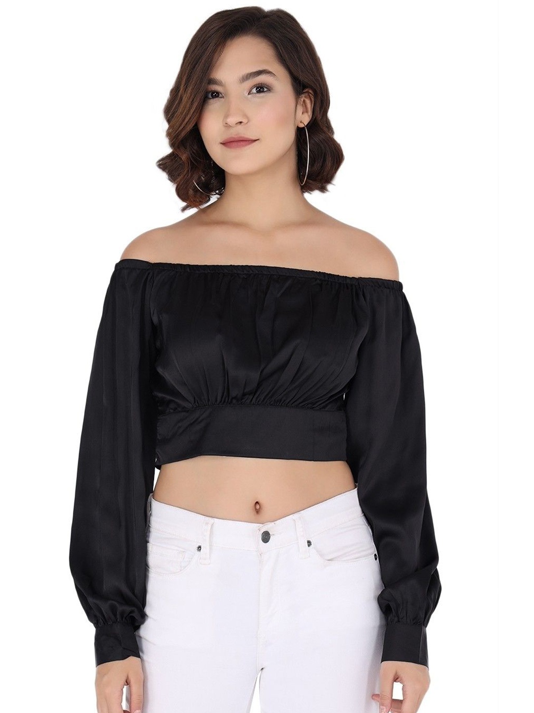 

CULPI Women Satin Bardot Crop Top, Black