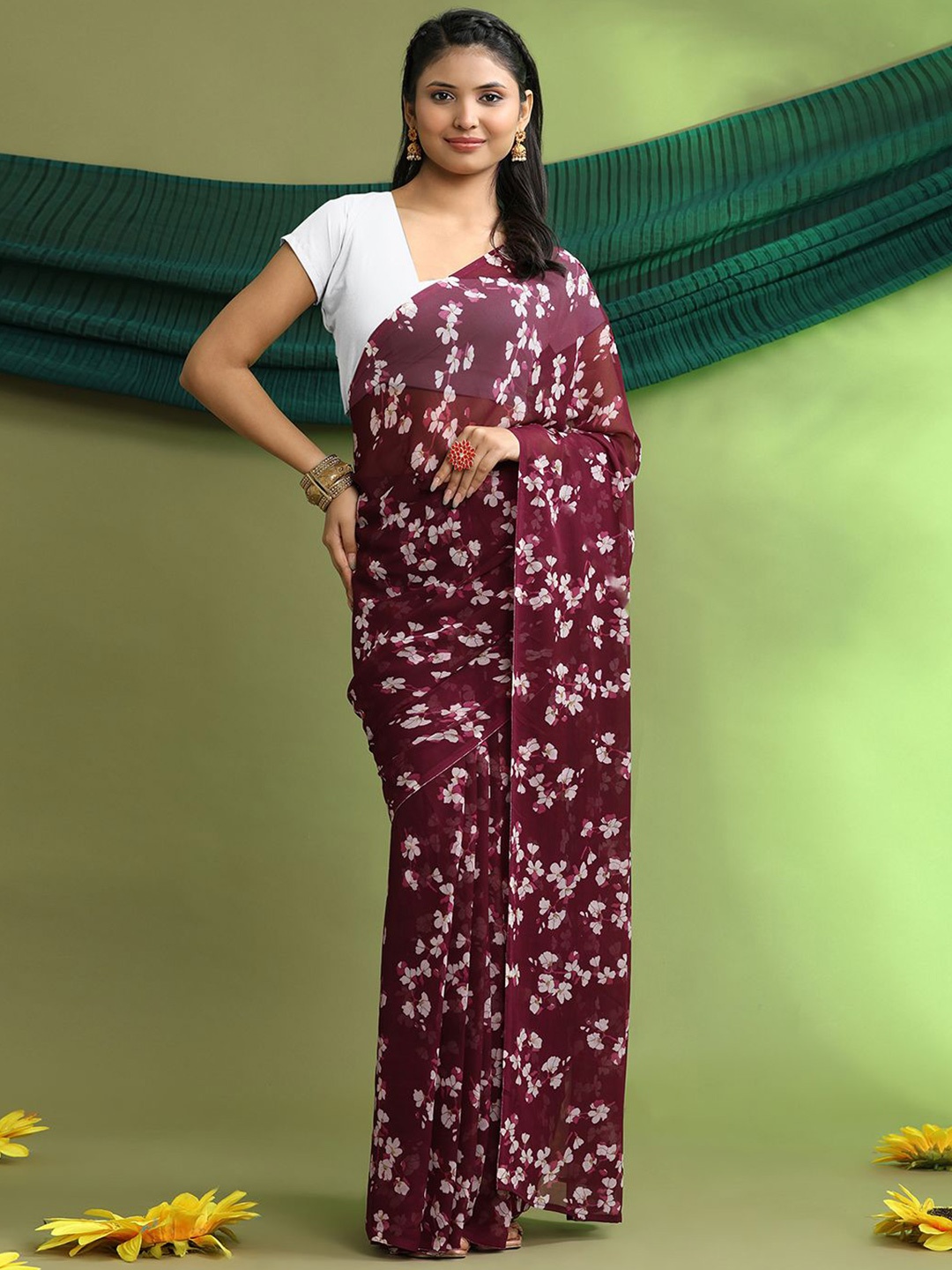 

Pionex Floral Printed Pure Georgette Ready to Wear Chanderi Saree, Brown
