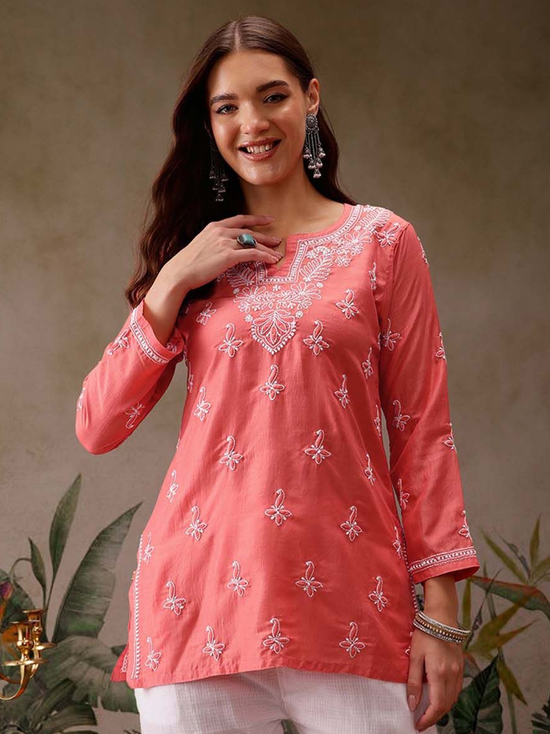 

ADA Ethnic Motifs Embroidered Thread Work Thread Work Kurti, Pink