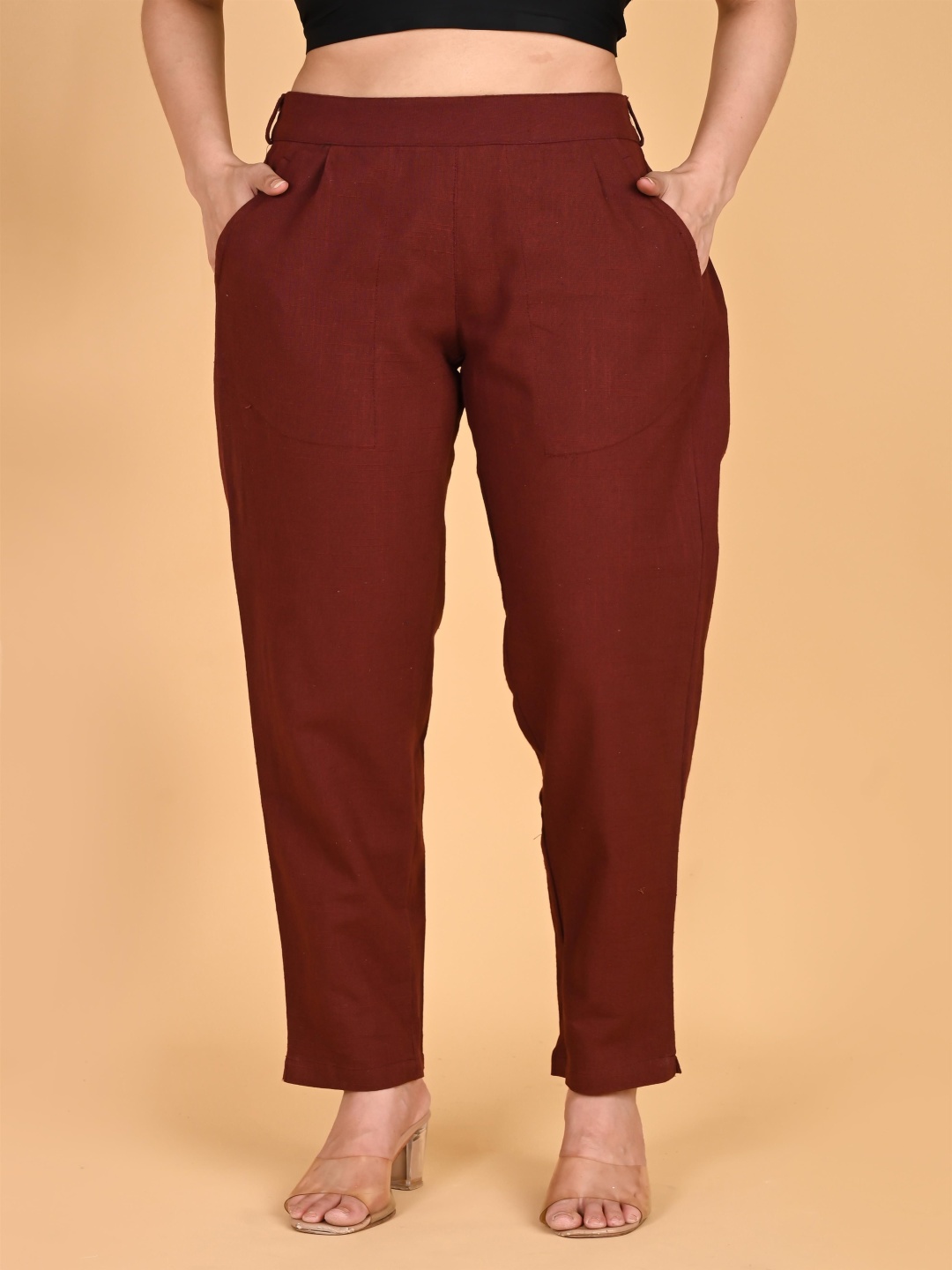 

SKYTICK Women Relaxed Cotton Trousers, Burgundy