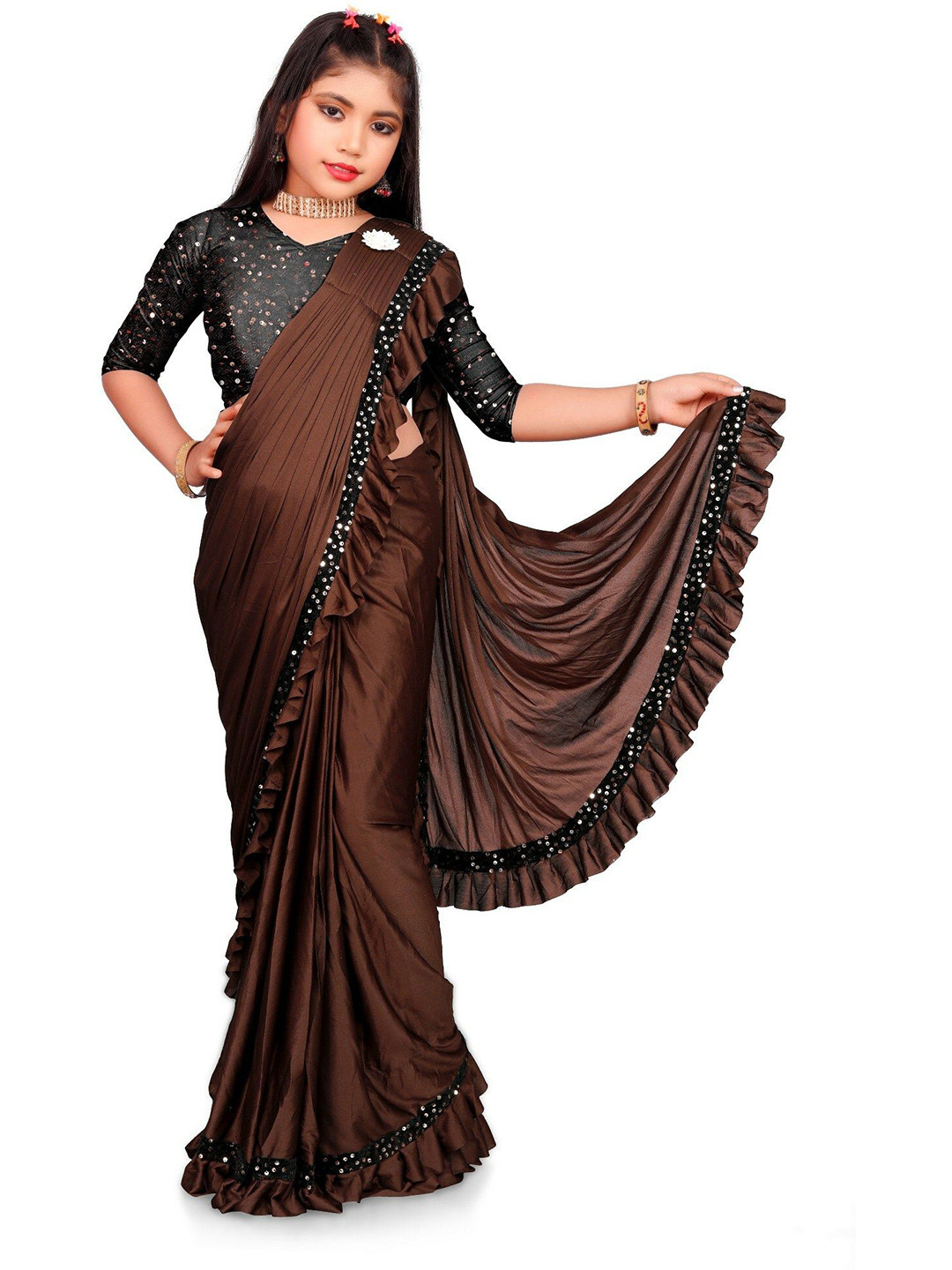 

Aika Sequinned Pure Chiffon Saree, Brown