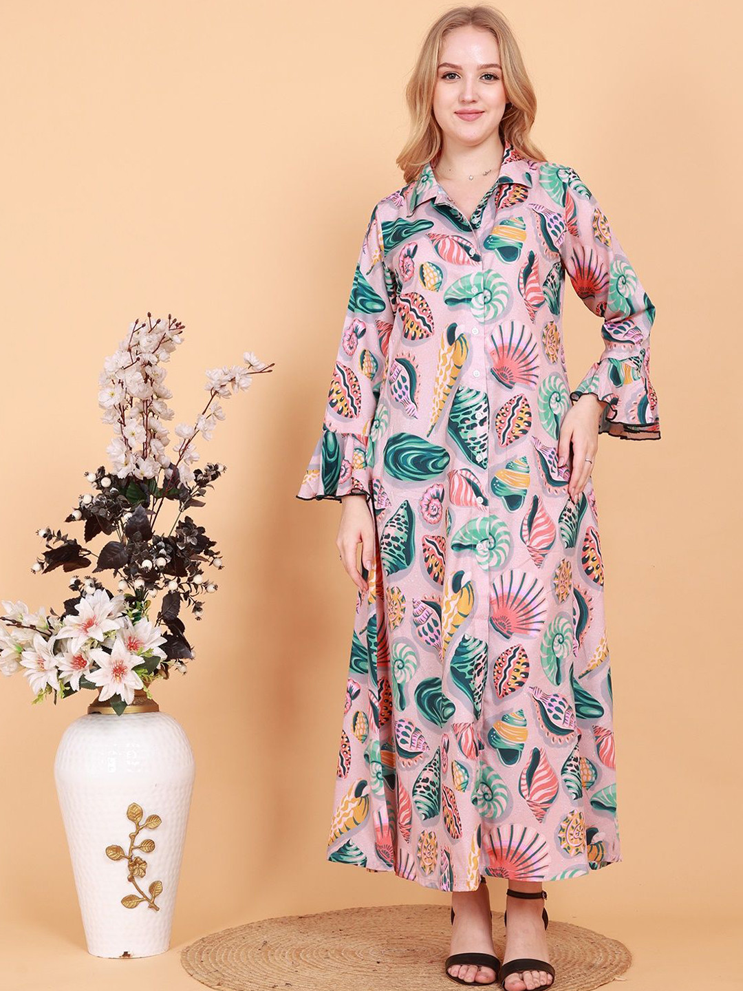 

BAESD Women Printed Bell Sleeve Shirt Maxi Dress, Pink