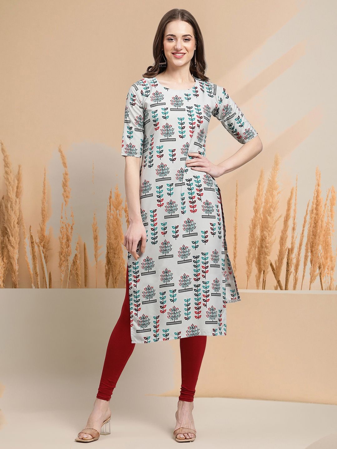 

7Threads Selection Of 6 Floral Printed Round Neck Straight Kurtas, Grey