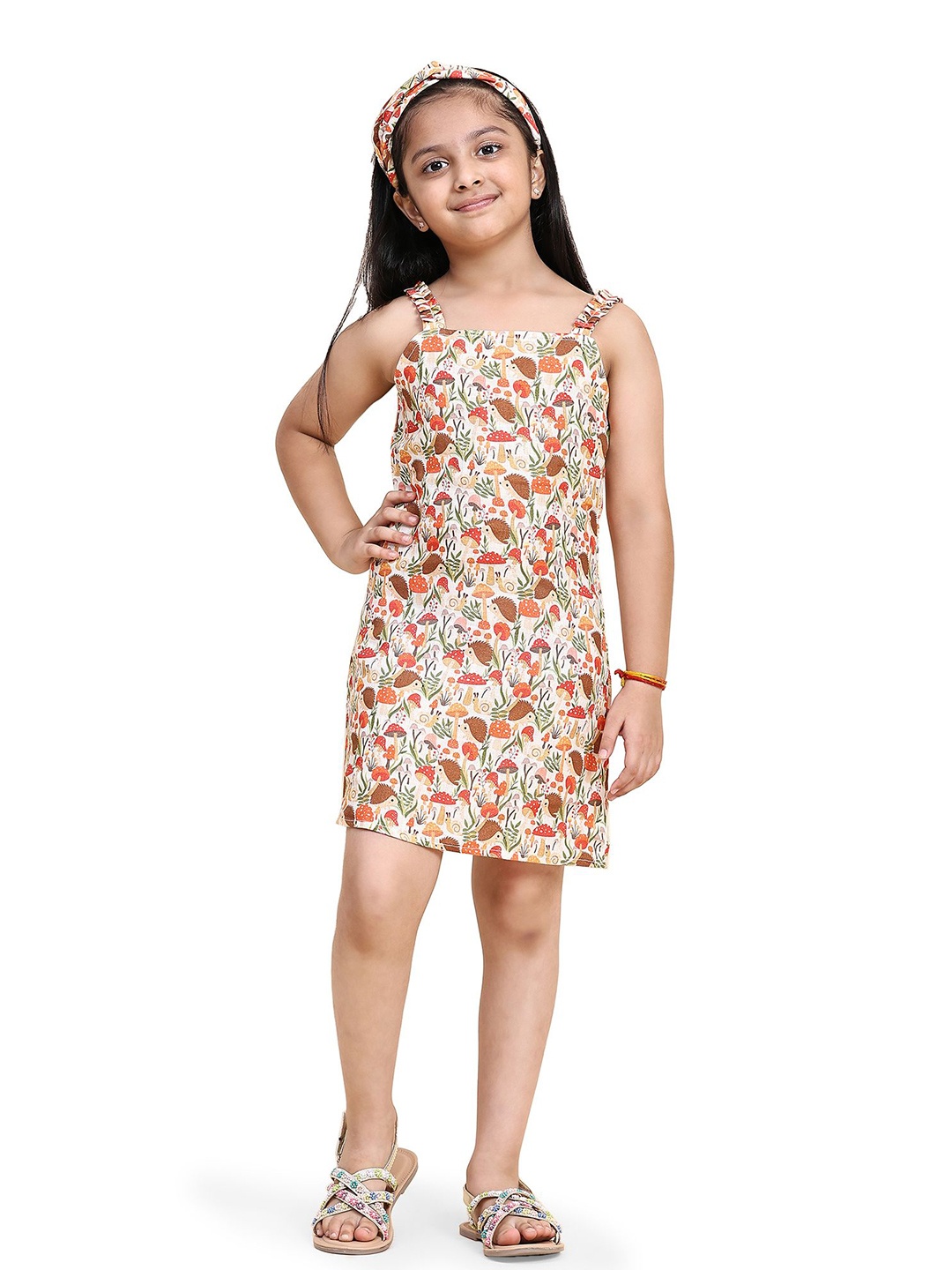

Funny Bones Clothings Girls Printed Linen A-Line Dress, Beige