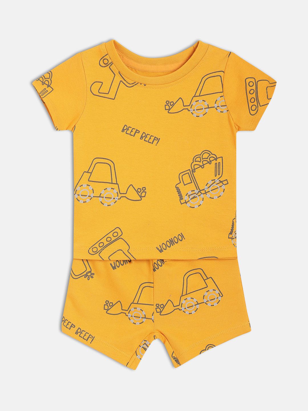 

MINI KLUB Boys Printed Round Neck Pure Cotton T-shirt With Shorts, Yellow