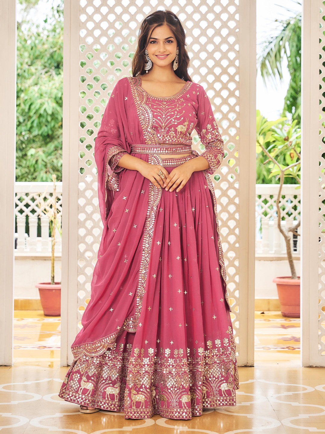 

Ethnic Yard Embroidered Sequinned Georgette Ready to Wear Lehenga & Blouse With Dupatta, Pink