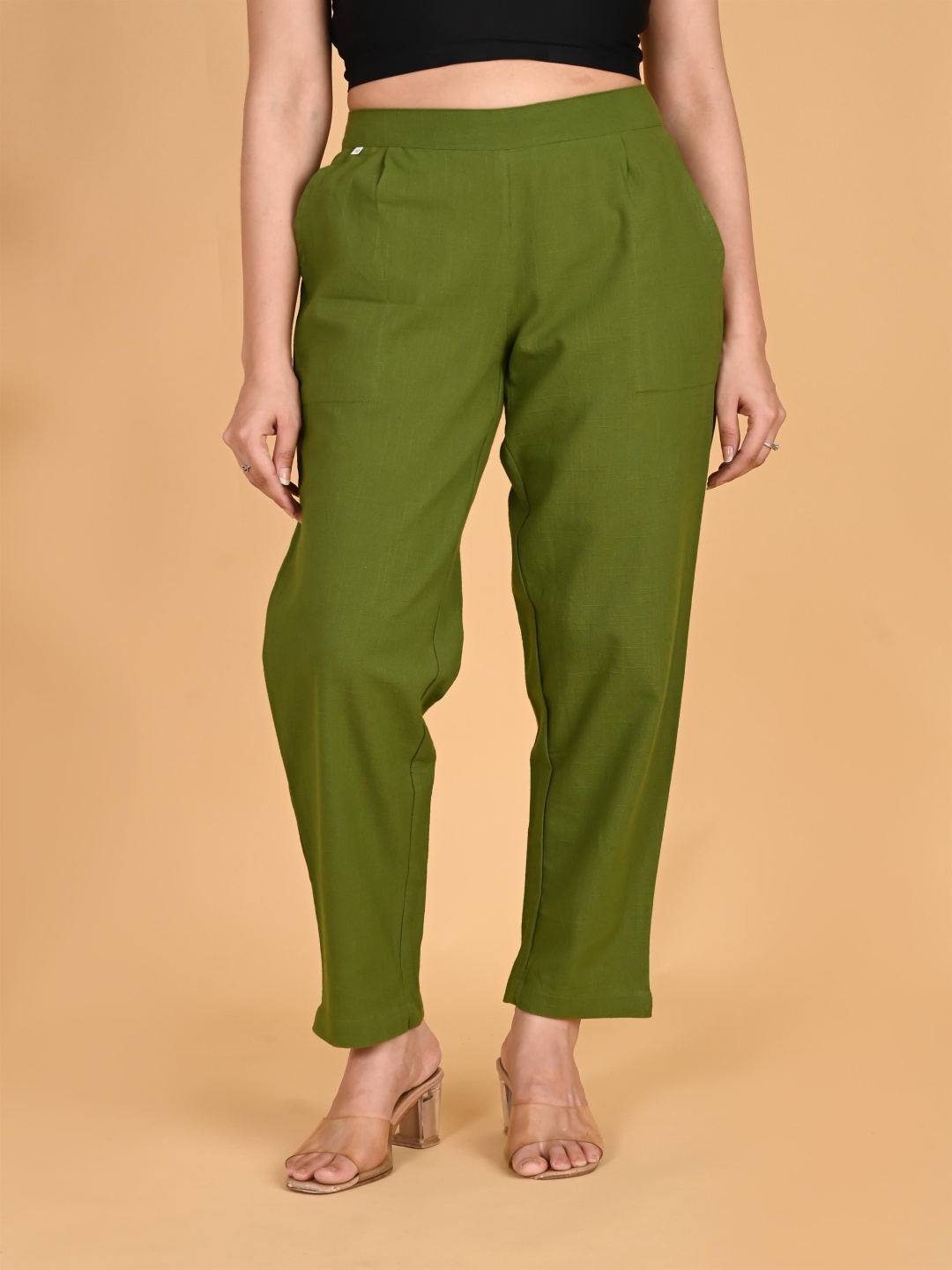 

SKYTICK Women Cotton Relaxed Mid-Rise Trousers, Green