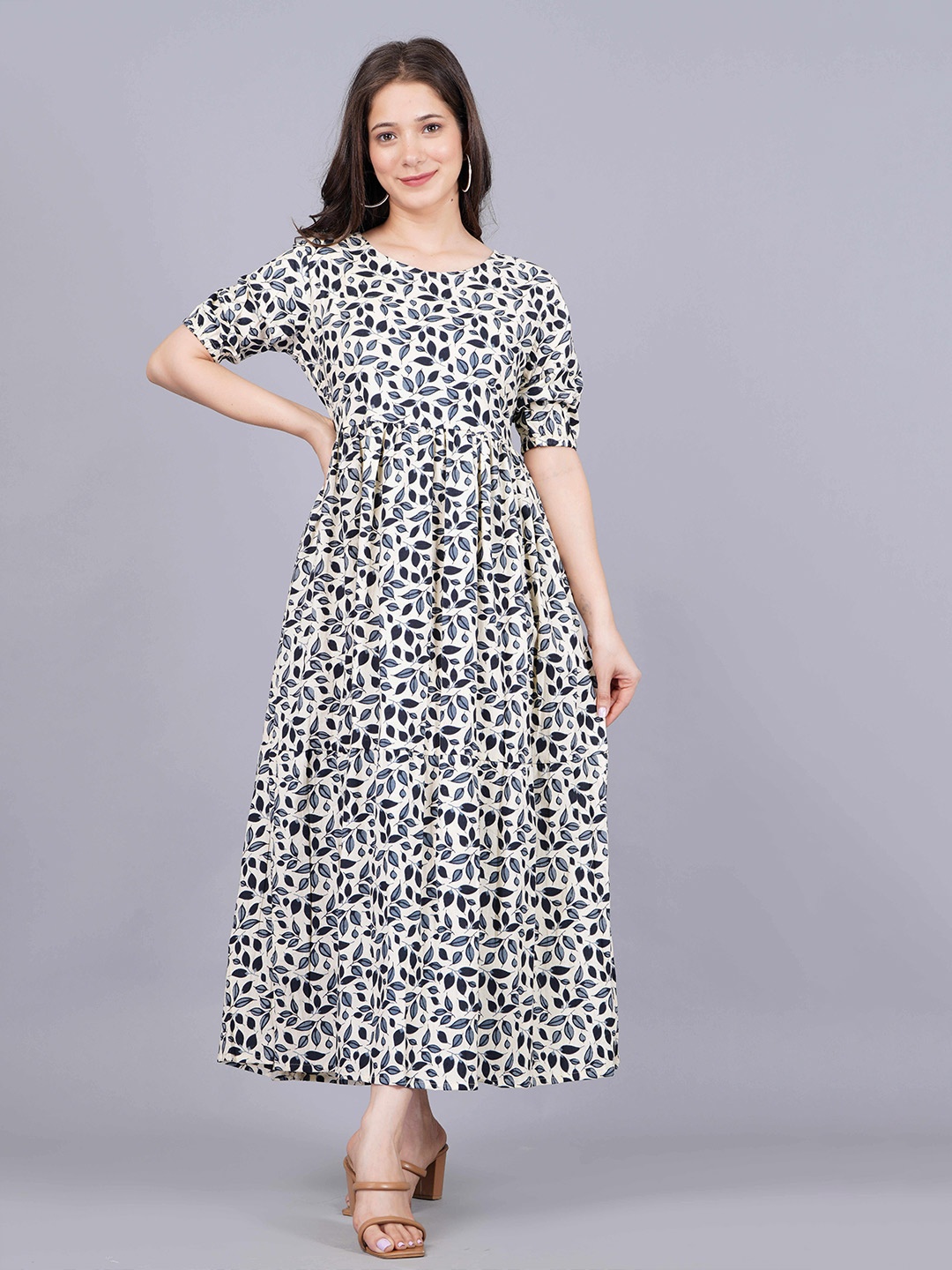 

Twirl Tales Women Floral Printed Cotton Fit and Flare Midi Dress, Grey