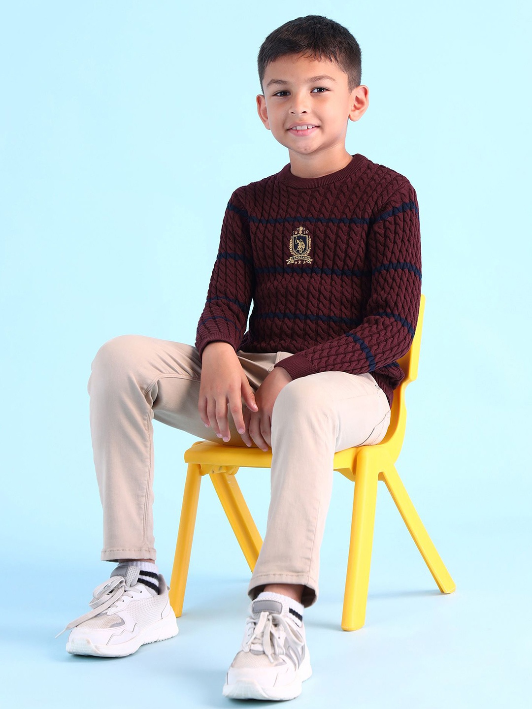 

U.S. Polo Assn. Kids Boys Striped Round Neck Cotton Pullover Sweater, Maroon