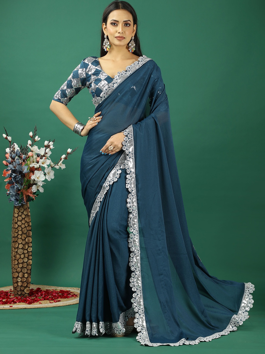 

HI FI NX Sequinned Satin Banarasi Saree, Blue