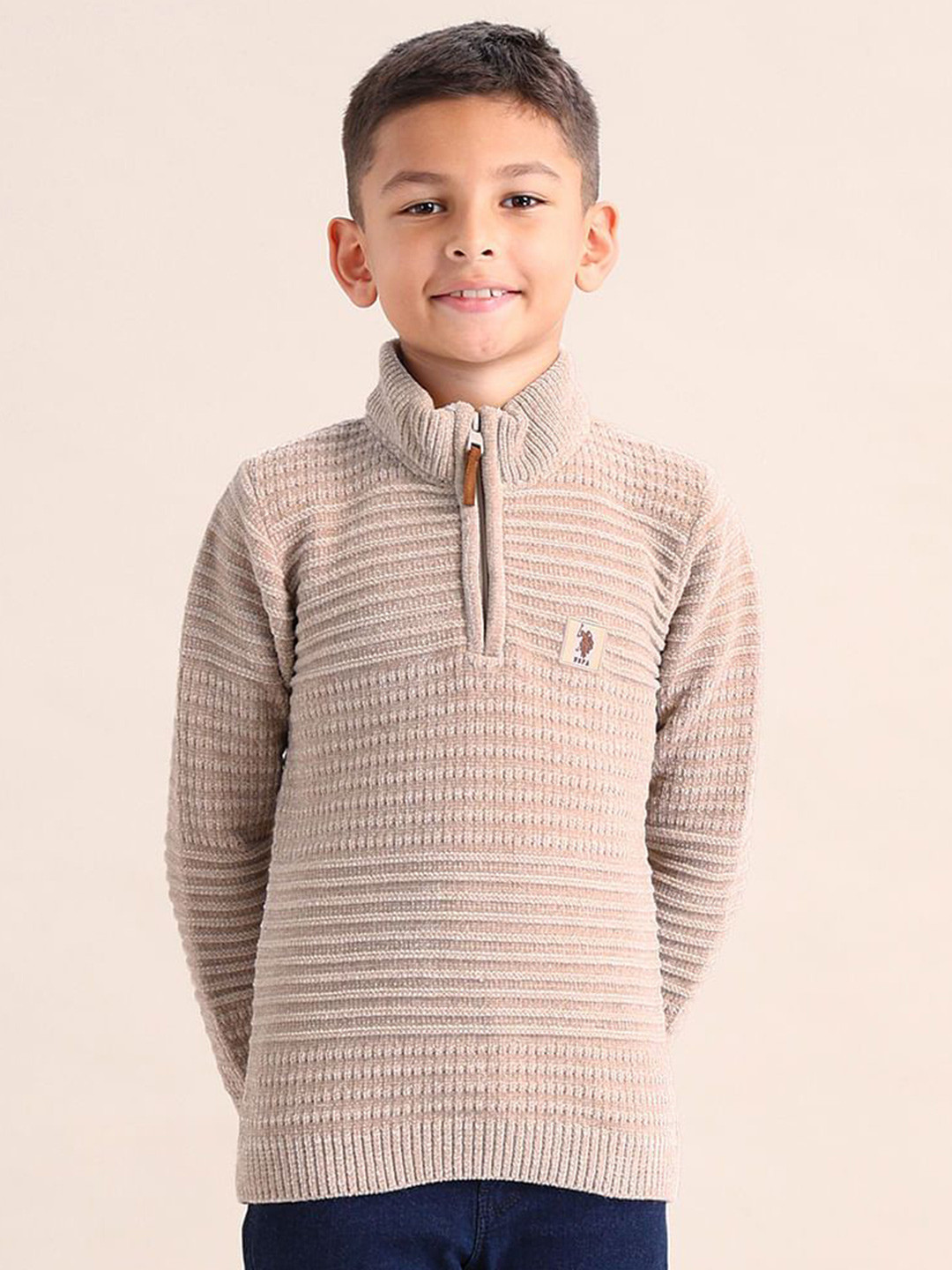 

U.S. Polo Assn. Kids Boys Self Design Cotton Pullover Sweater, Beige