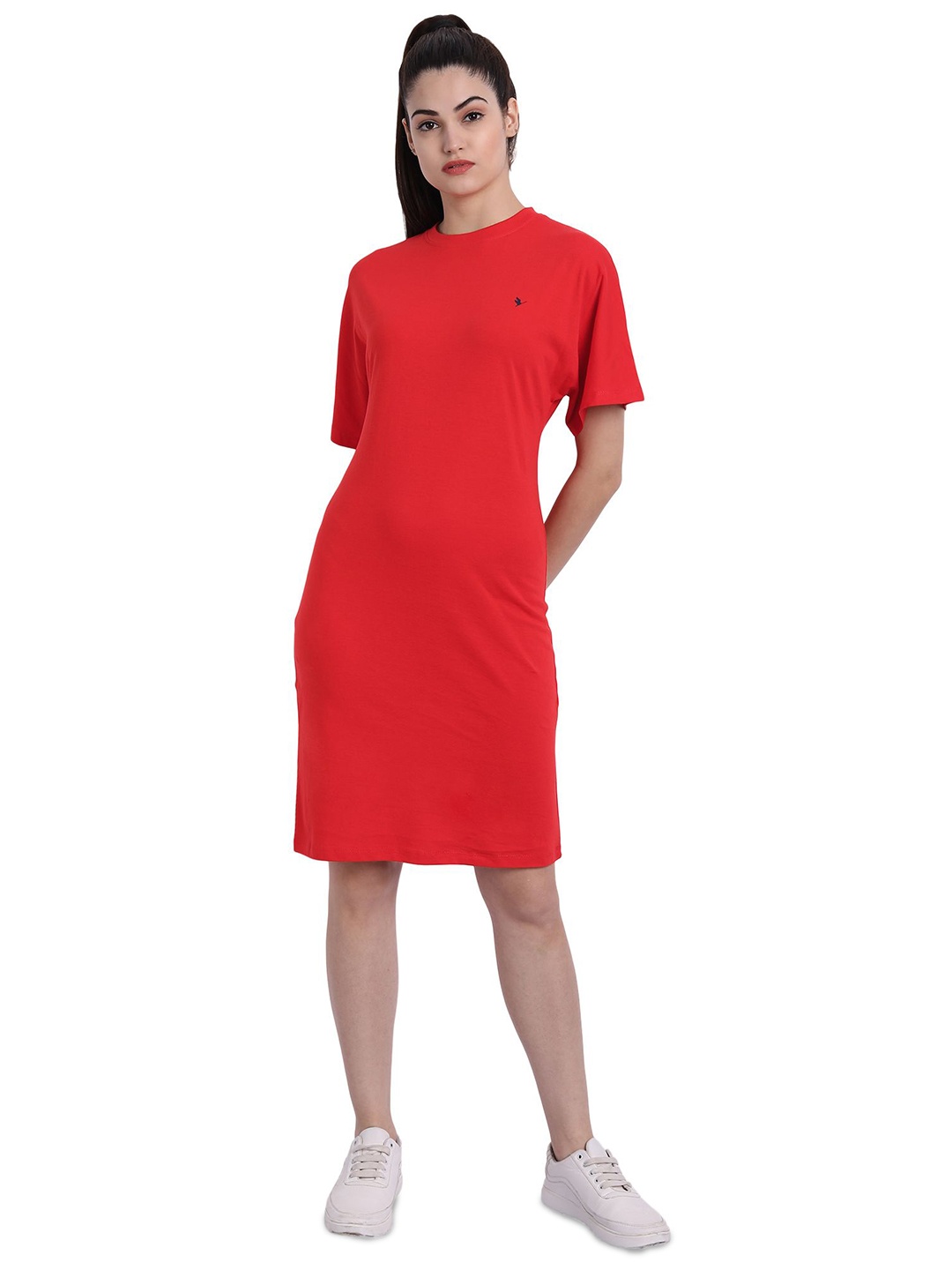 

AMSWAN Women Round Neck Cotton T-Shirt Dress, Red