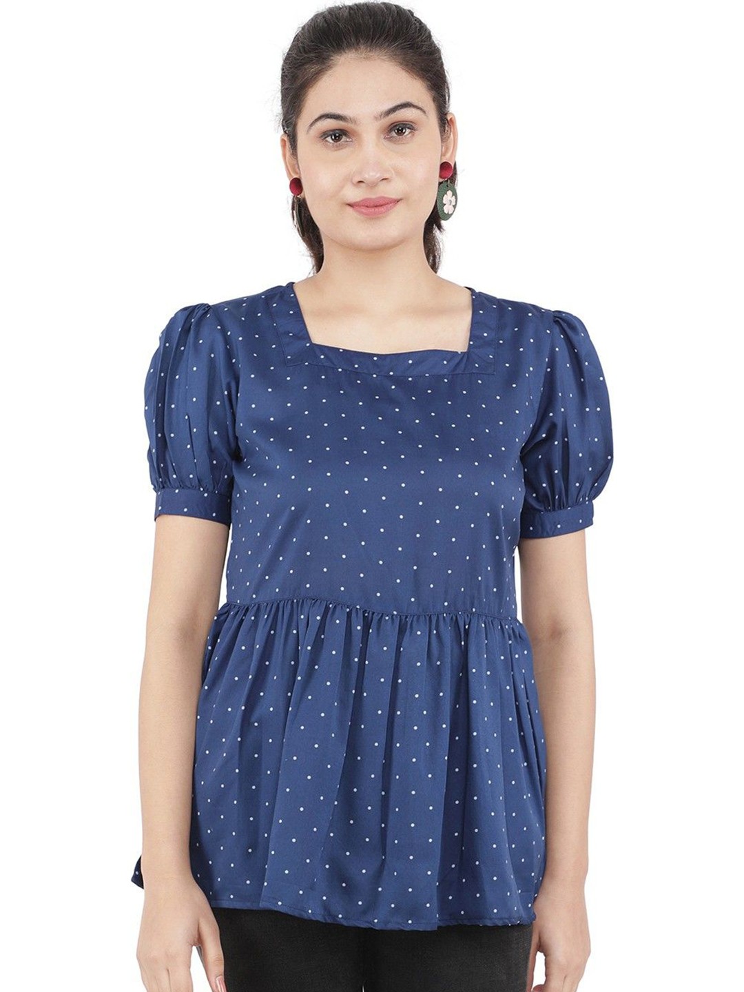 

CULPI Women Polka Dots Printed Puff Sleeve Cinched Waist Top, Blue