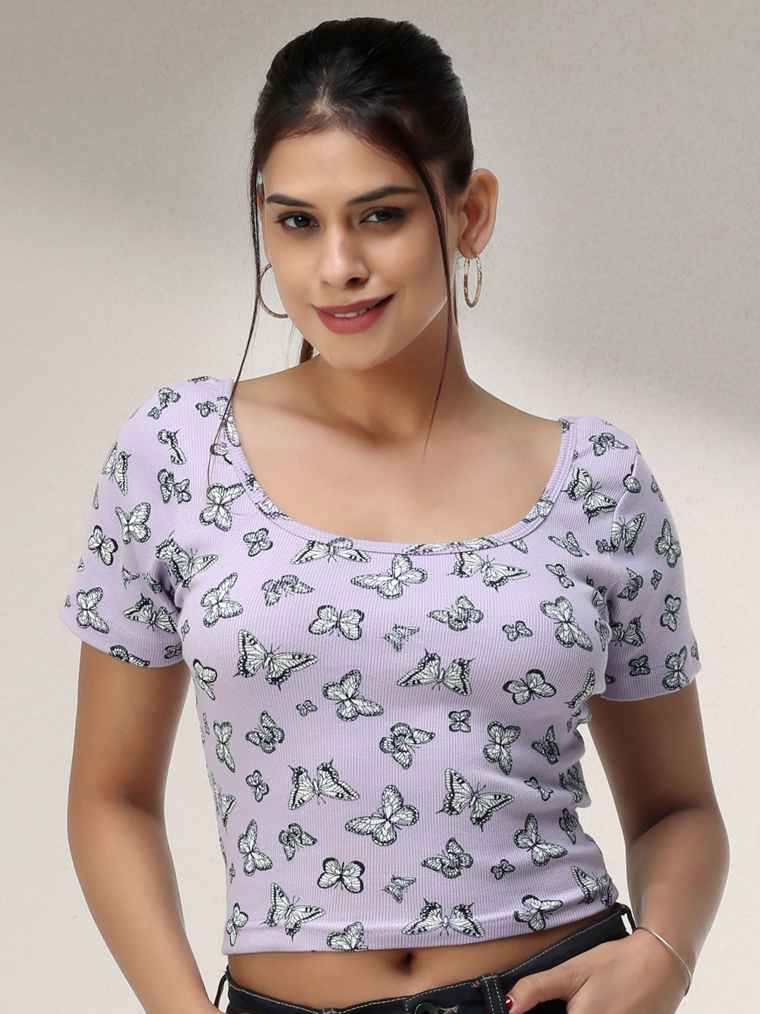 

sollobell Conversational Printed Cotton Crop Top, Purple