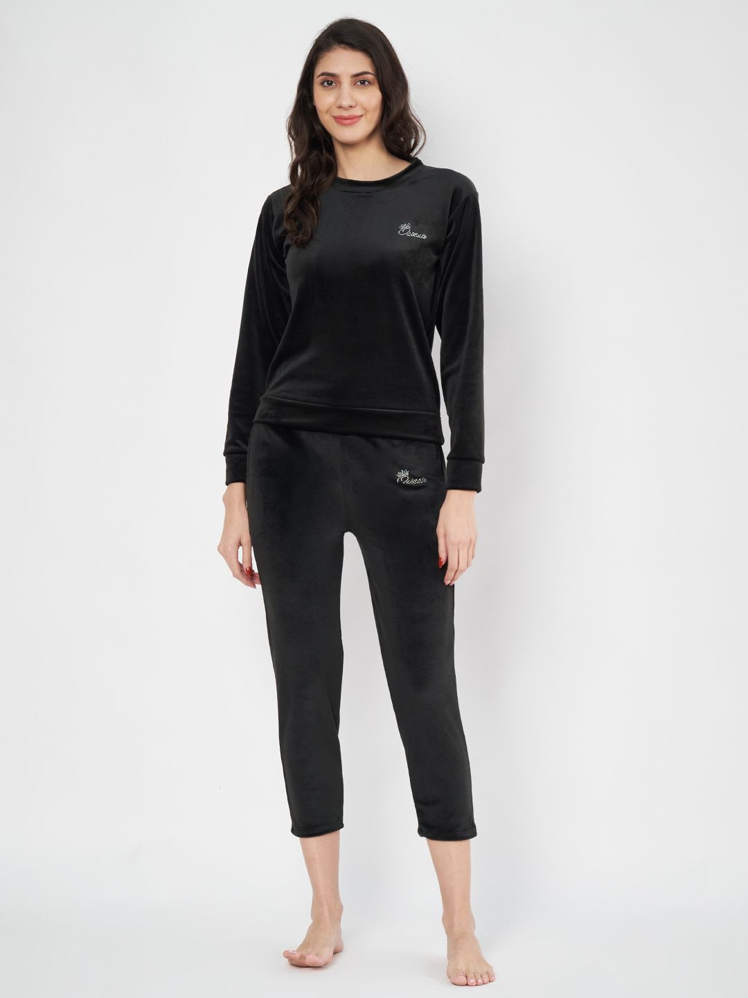 

WAYLENE Women Round Neck Velvet Sets Night suit, Black