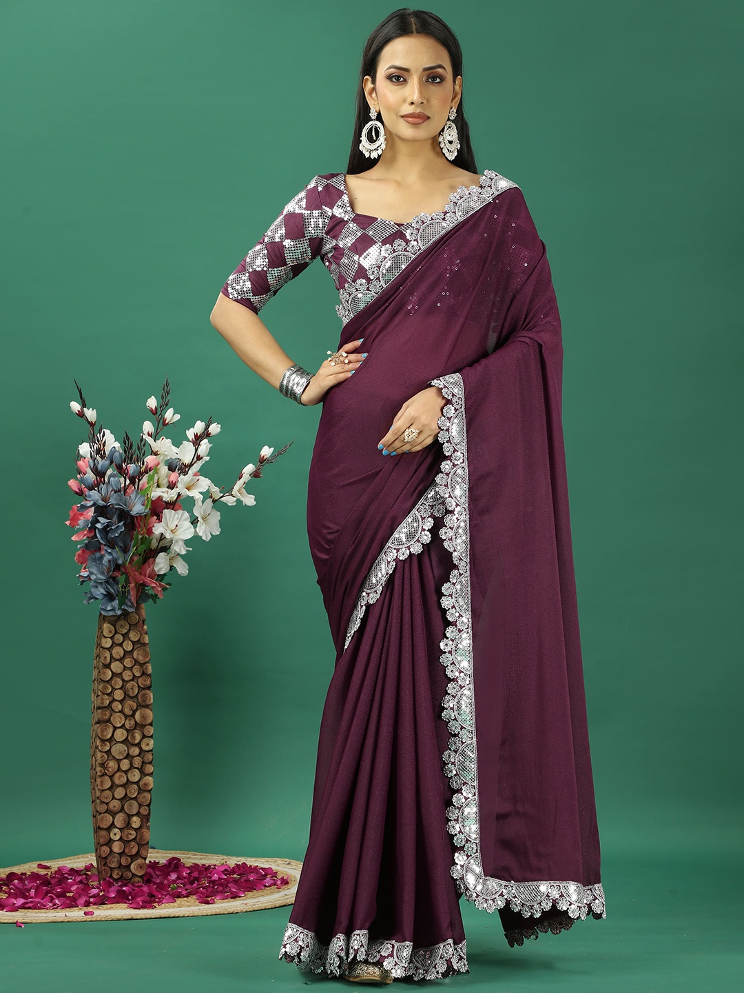 

HI FI NX Sequinned Satin Banarasi Saree, Purple