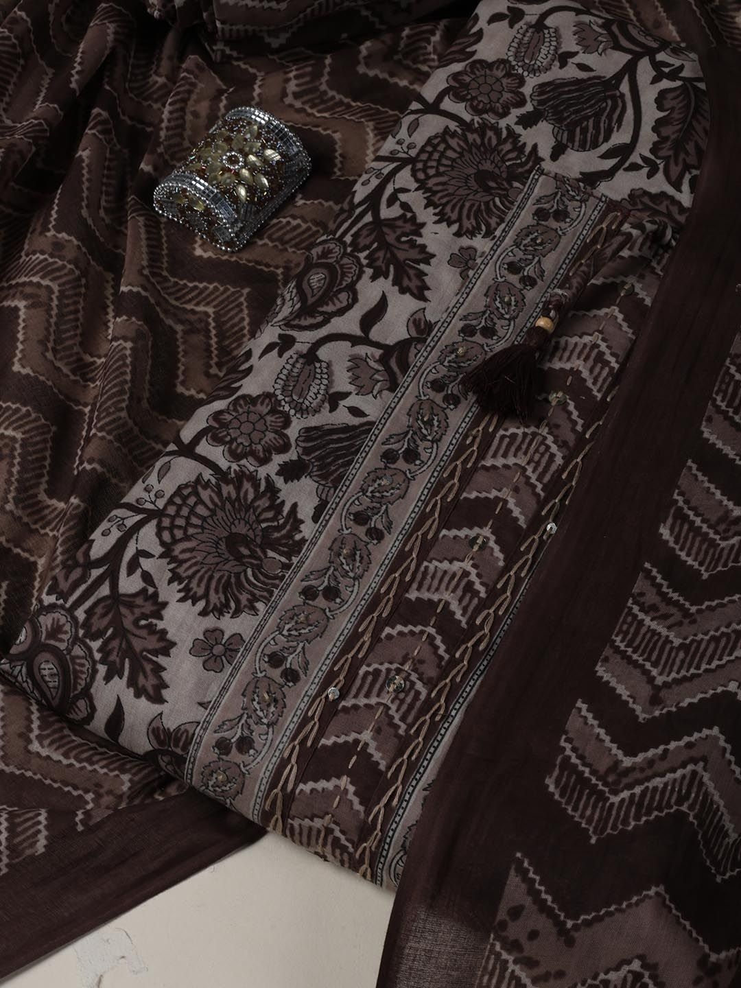 

Meena Bazaar Printed Art Silk Unstitched Dress Material, Beige