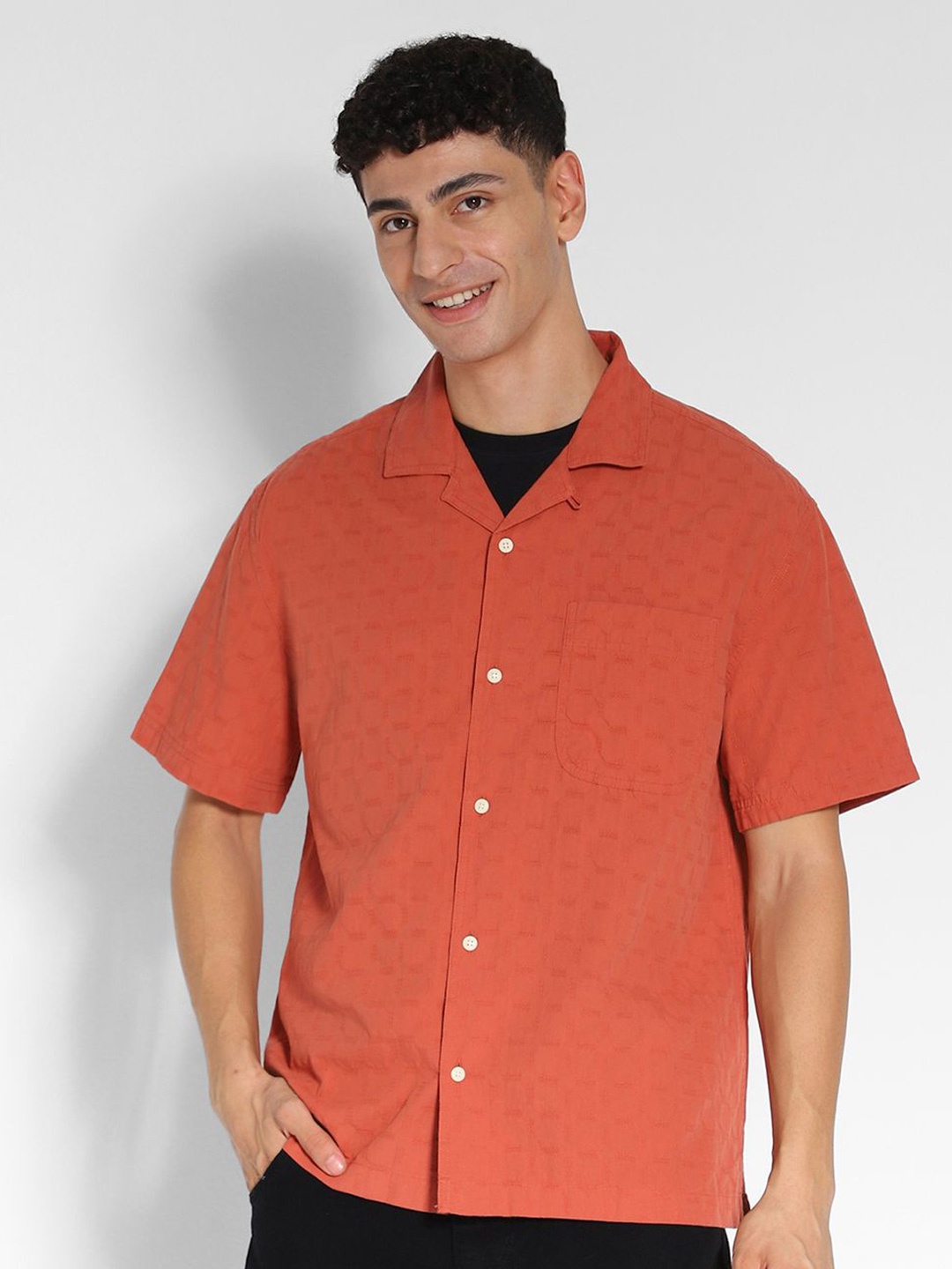 

AMERICAN EAGLE OUTFITTERS Men Cuban Collar Textured Cotton Casual Shirt, Orange