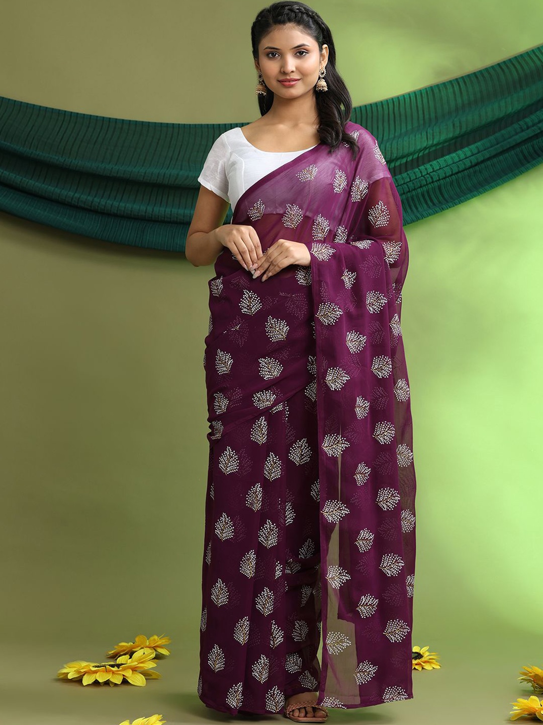 

Pionex Floral Pure Georgette Chanderi Saree, Purple