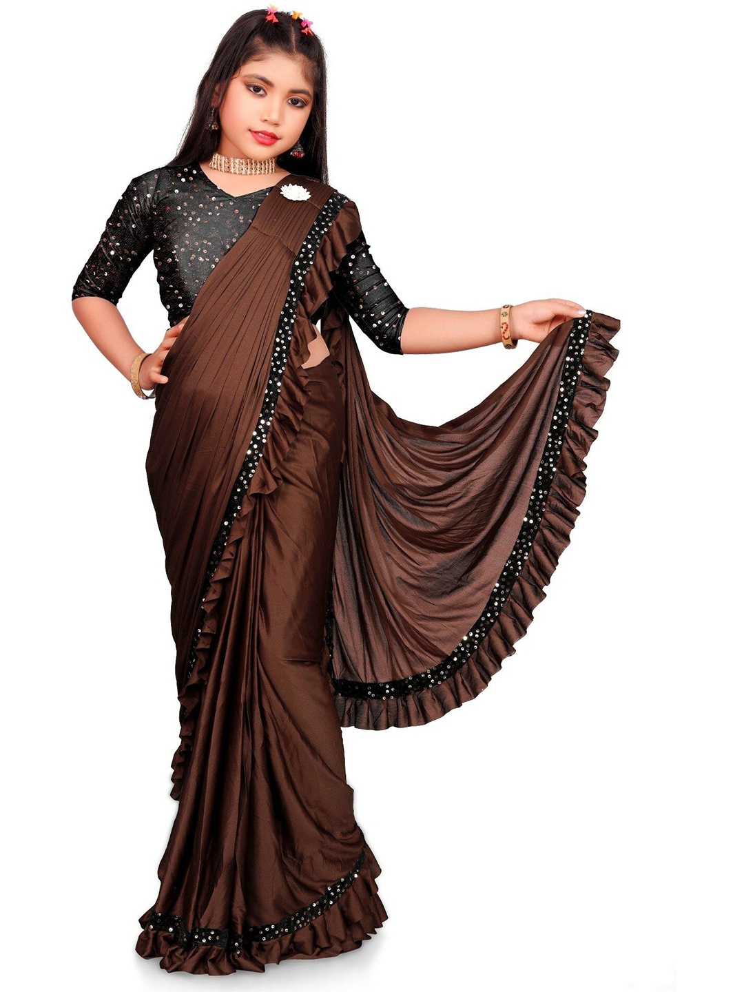 

Aika Girls Embellished Sequinned Pure Silk Ruffles Saree, Brown