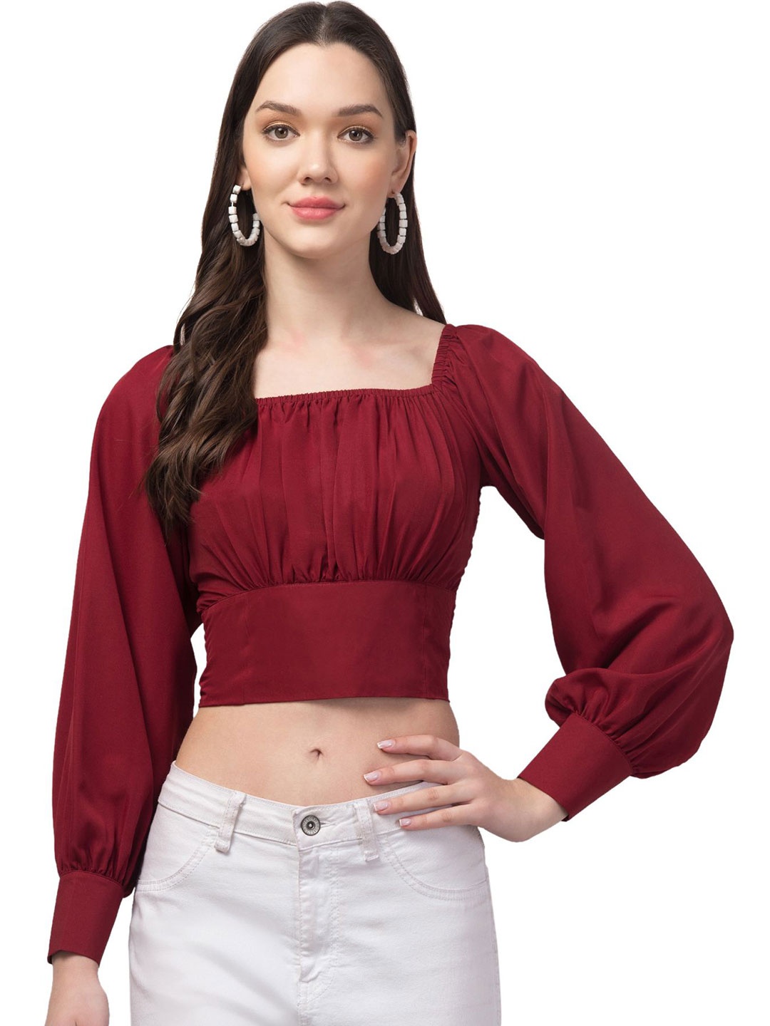 

CULPI Women Square Neck Cuffed Sleeves Crop Top, Maroon