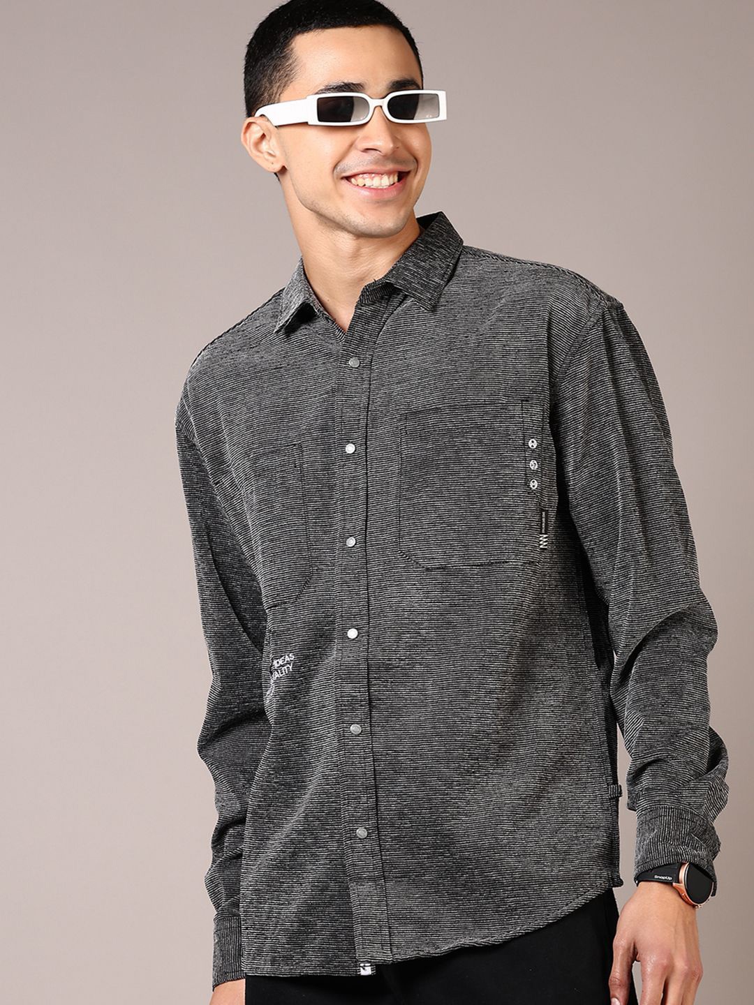 

V-Mart Men Spread Collar Textured Cotton Casual Shirt, Charcoal