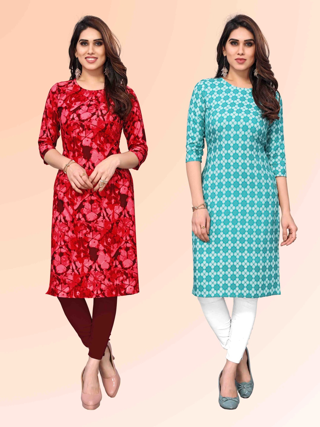 

KETAKI FASHION Selection Of 2 Geometric Printed Round Neck Straight Kurtas, Red