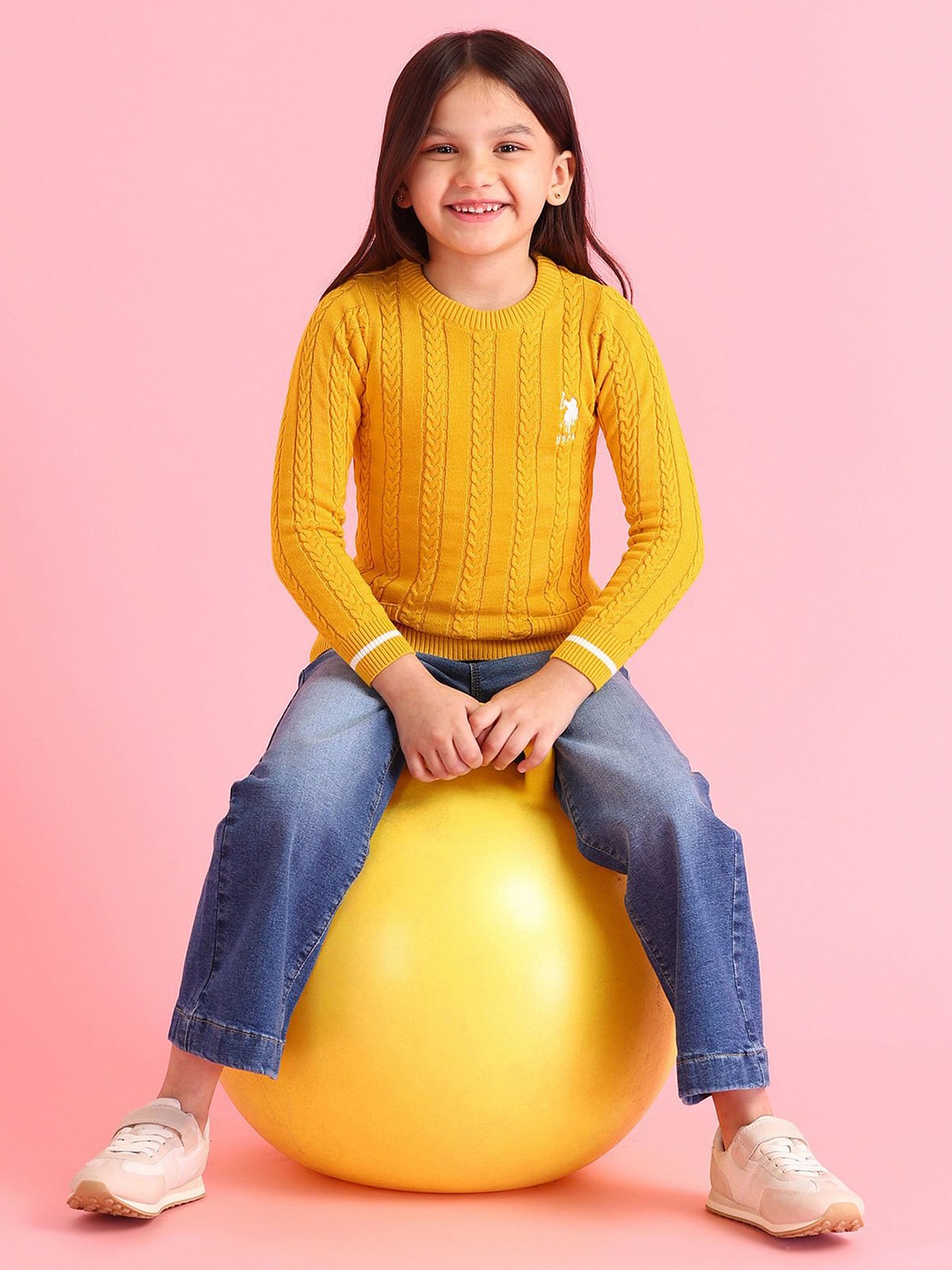 

U.S. Polo Assn. Kids Girls Cable Knit Pure Cotton Pullover, Yellow