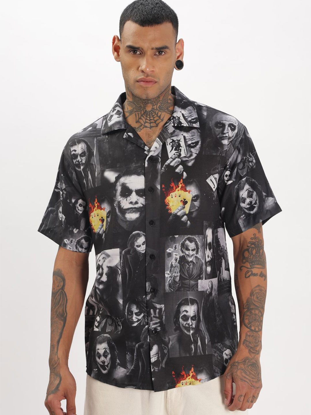 

BUMCHIQ Men Comfort Relaxed Fit Cuban Collar Graphic Printed Cotton Casual Shirt, Black