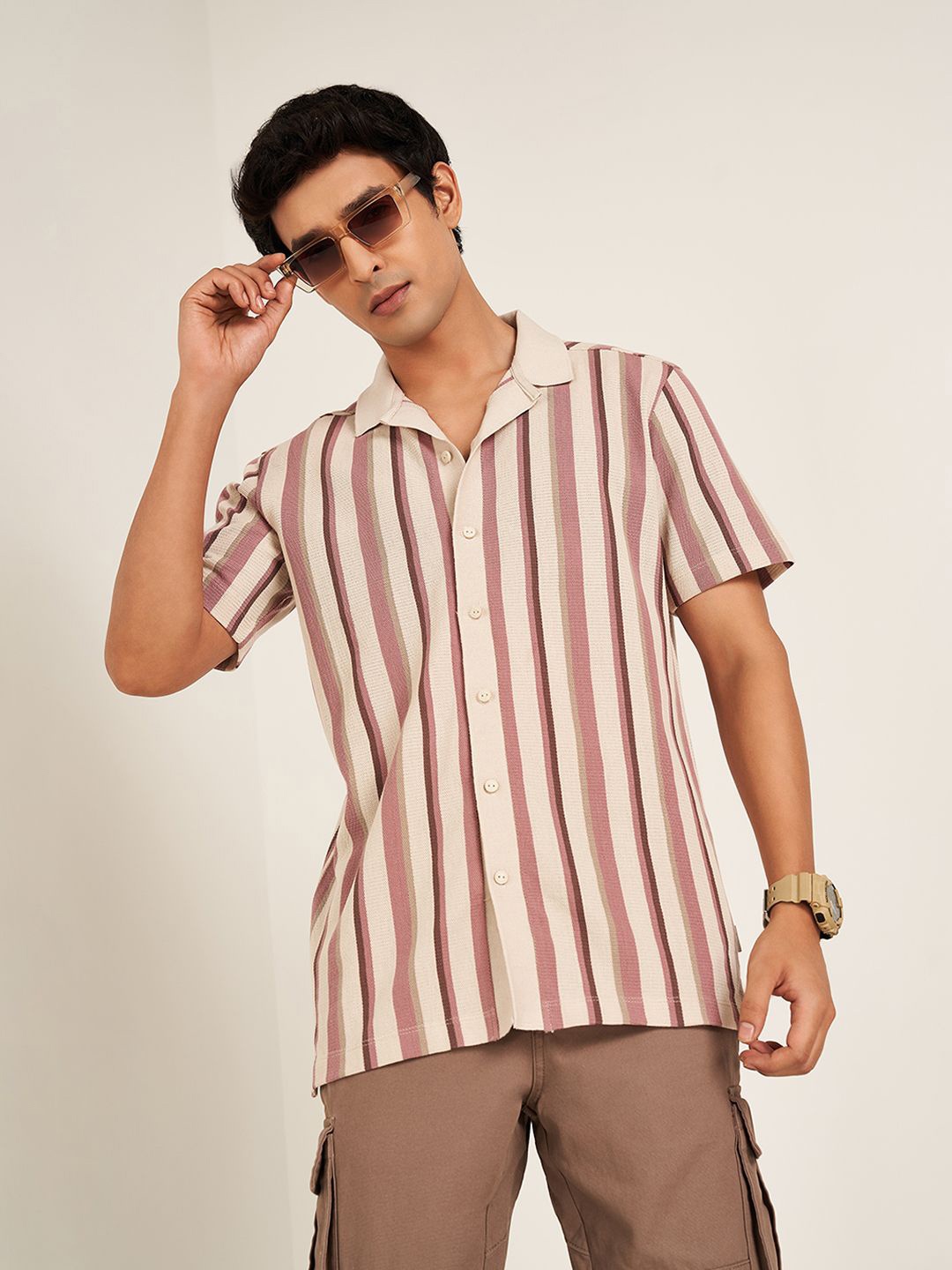 

7 Alt by Pantaloons Men Slim Fit Cuban Collar Vertical Striped Cotton Casual Shirt, Beige