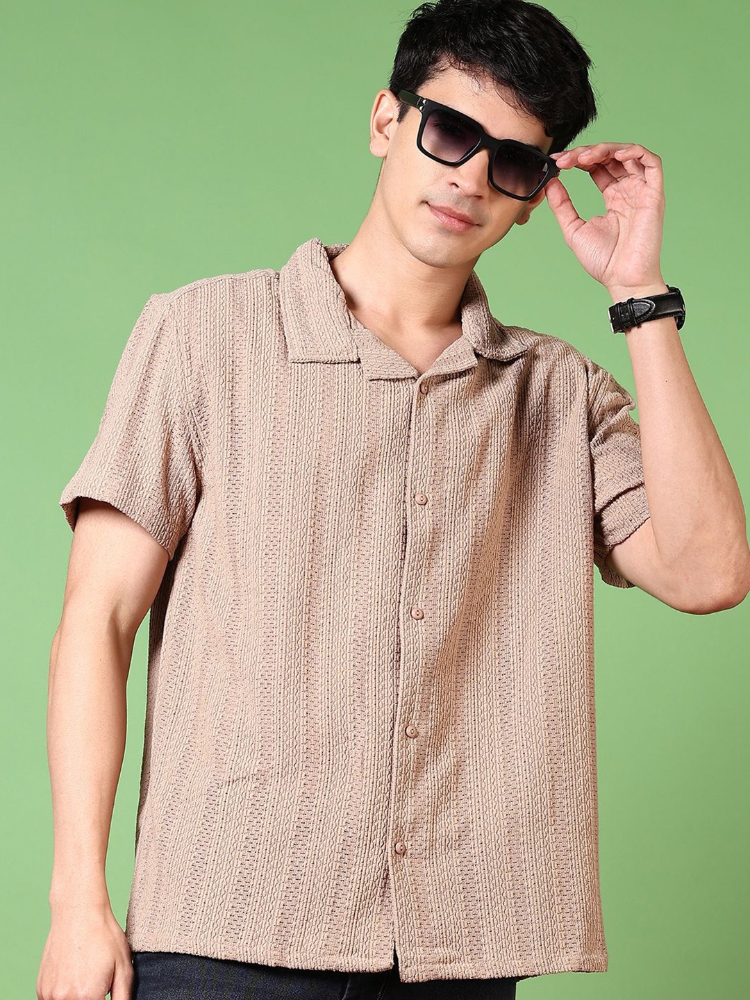 

V-Mart Men Cuban Collar Textured Cotton Casual Shirt, Beige