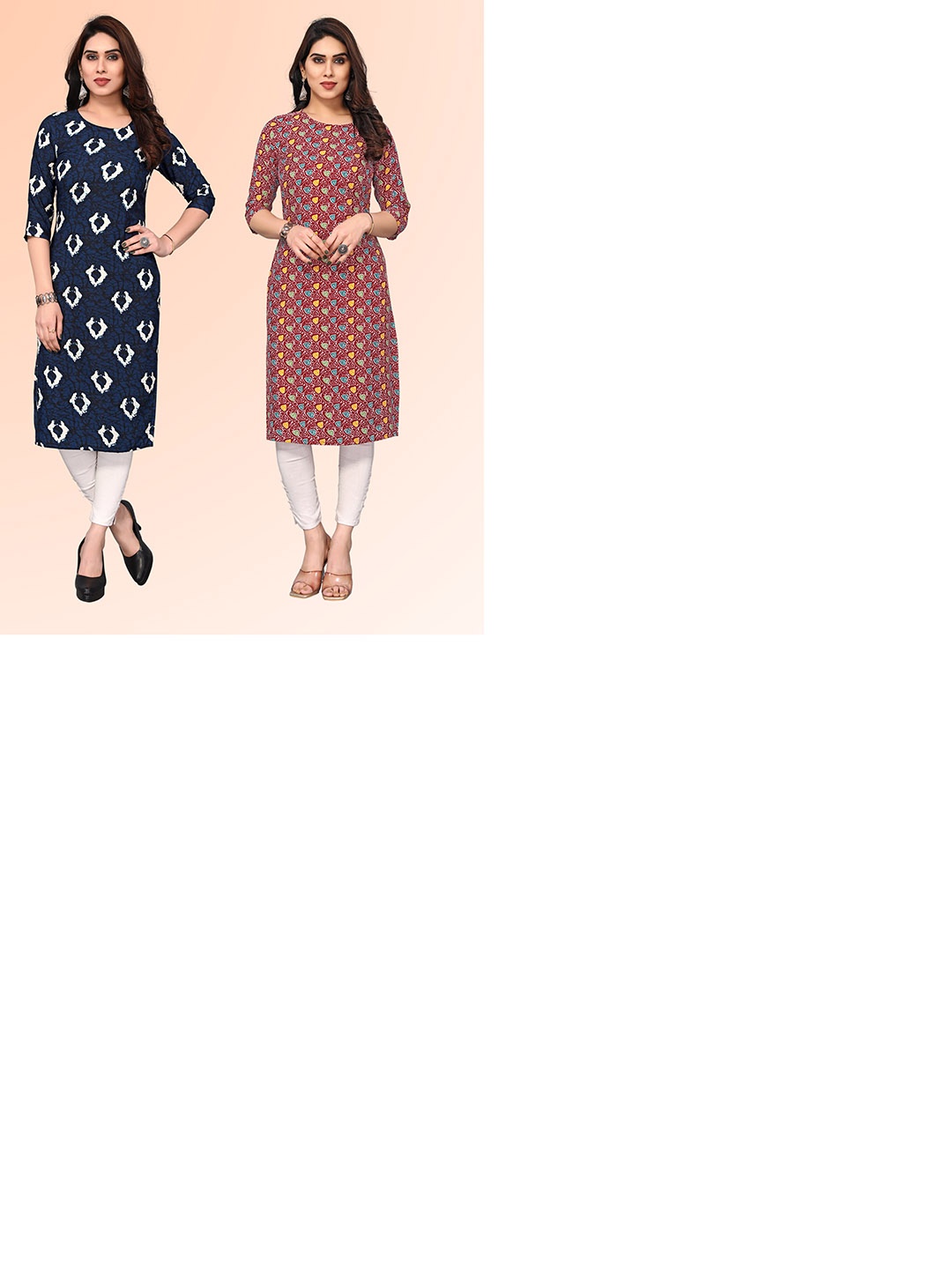 

KETAKI FASHION Selection Of 2 Geometric Printed Round Neck Straight Kurtas, Blue