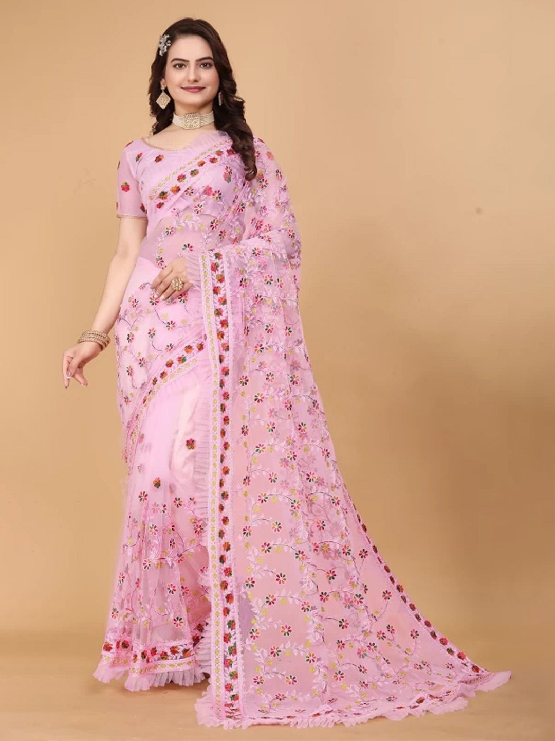 

Aika Floral Embroidered Saree, Pink