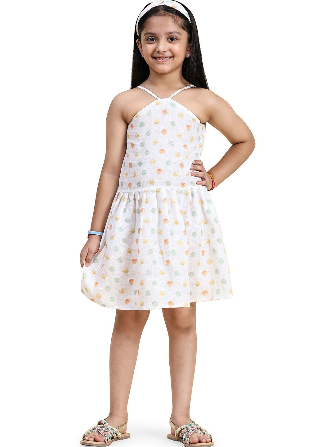 

Funny Bones Clothings Girls Polka Dot Printed Halter Neck Linen A-Line Dress, White