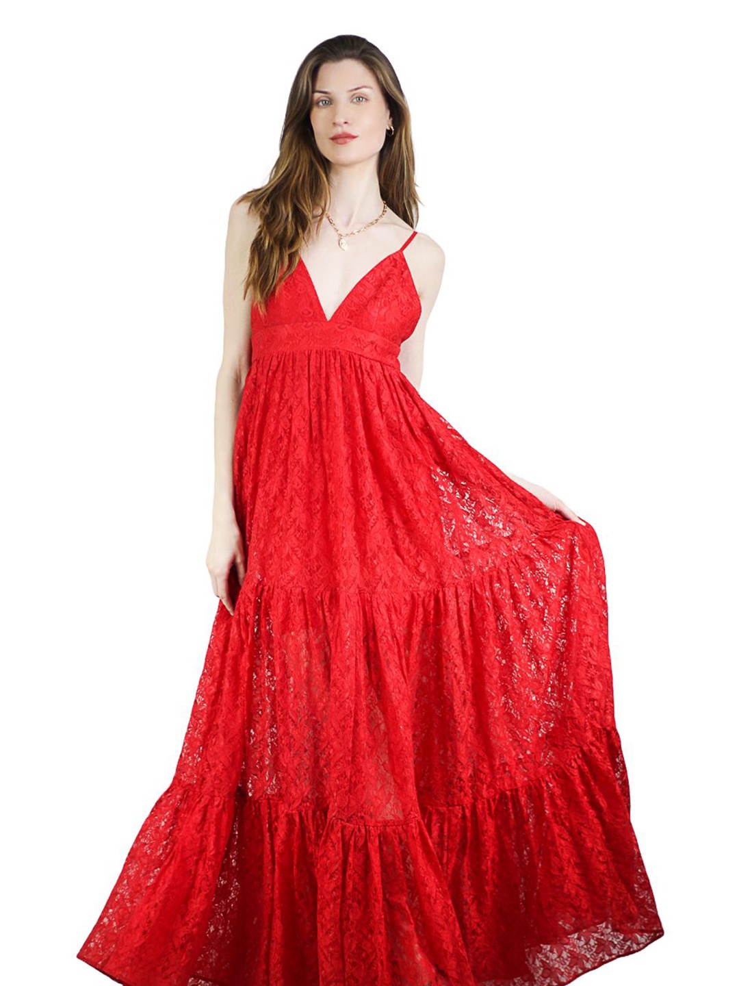 

ARTYSKA Lace Fit & Flare Maxi Dress, Red