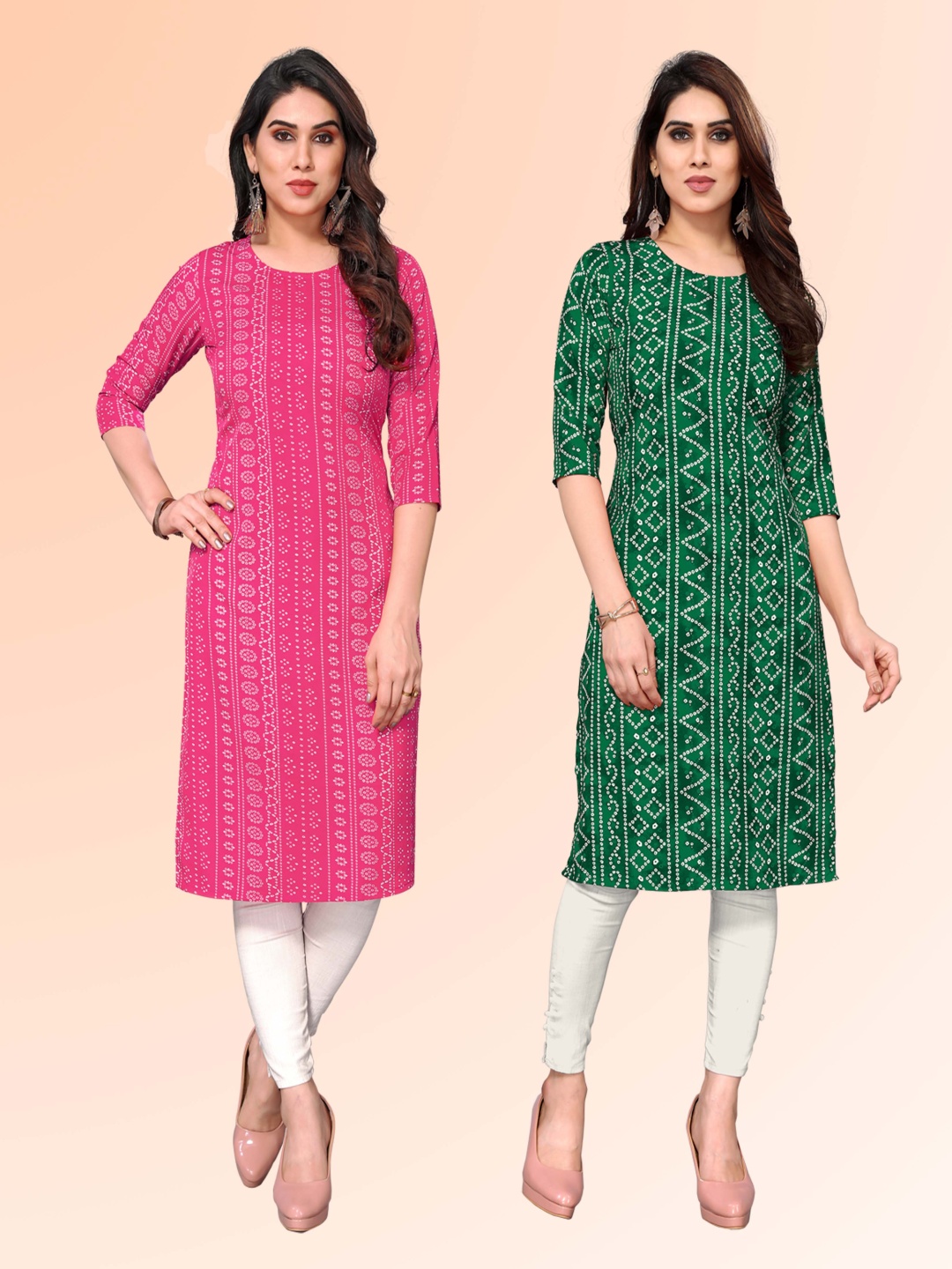 

KETAKI FASHION Selection of 2 Ethnic Motifs Printed Round Neck Straight Kurtas, Pink