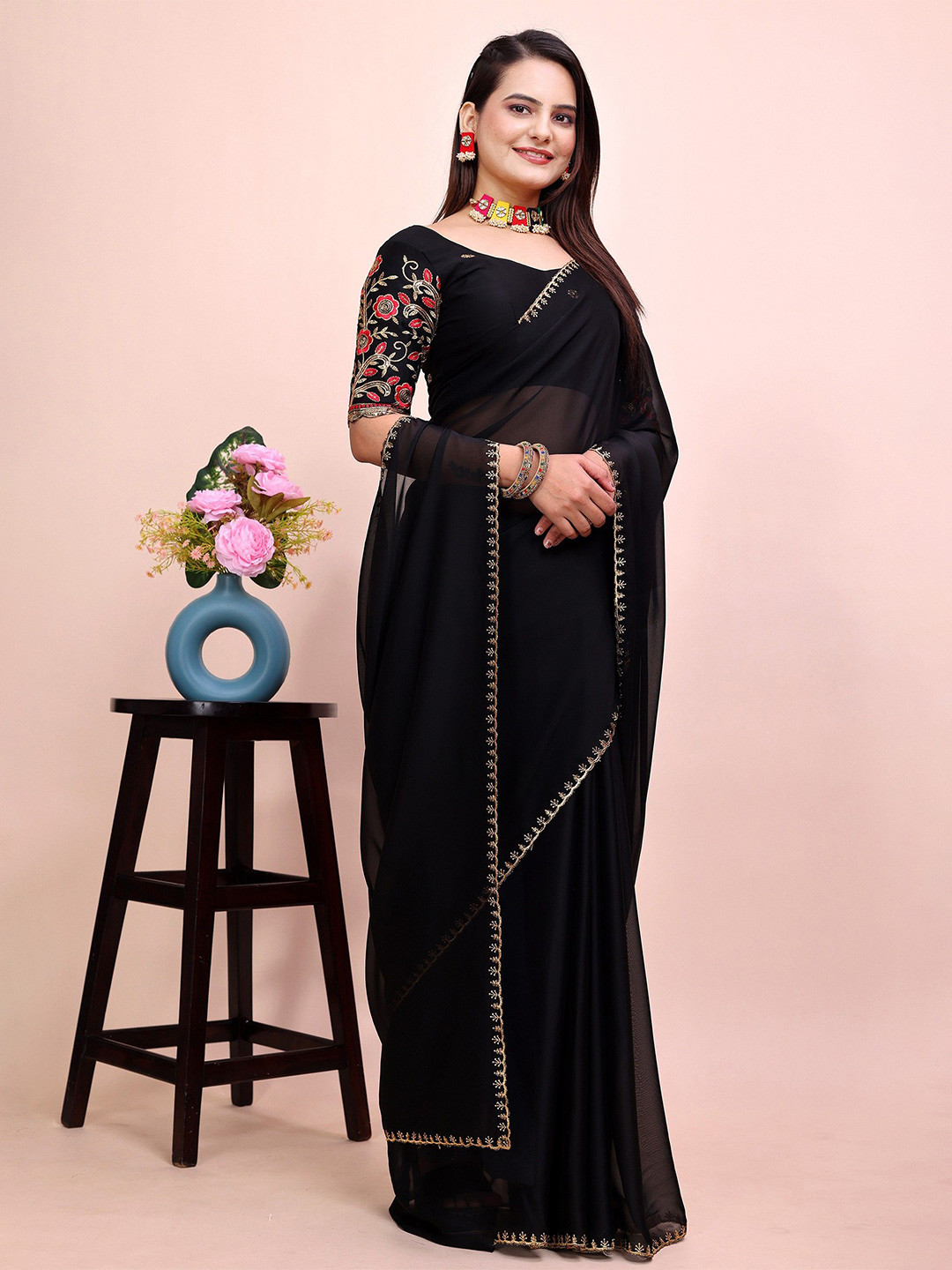 

K 5 Fashion Embroidered Pure Chiffon Saree, Black