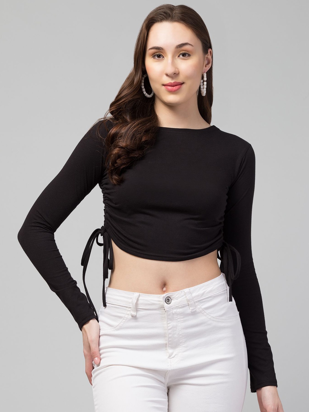 

CULPI Women Boat Neck Tie-Up Crop Top, Black