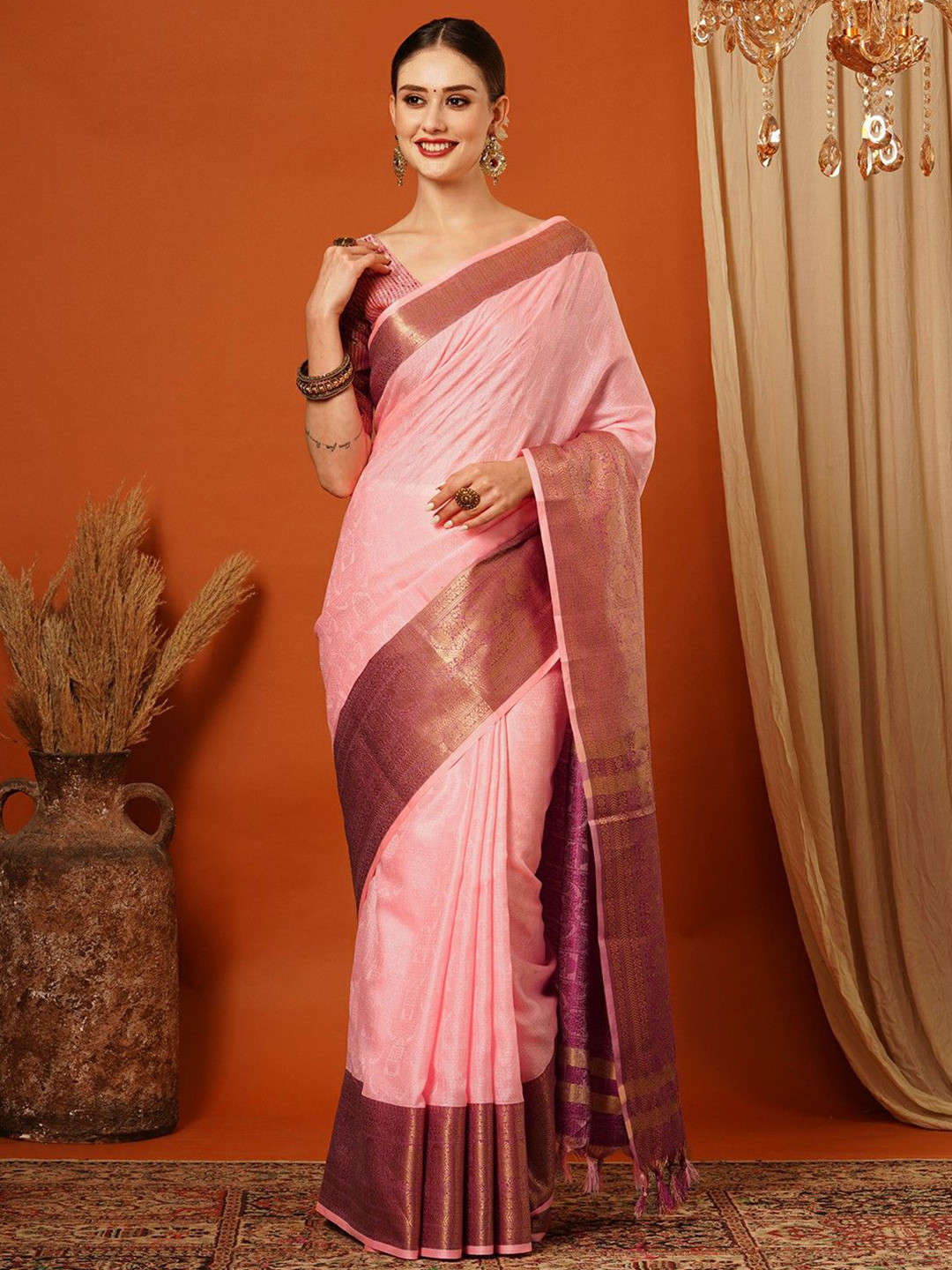 

WINKLECART Woven Design Zari Pure Silk Banarasi Saree, Peach
