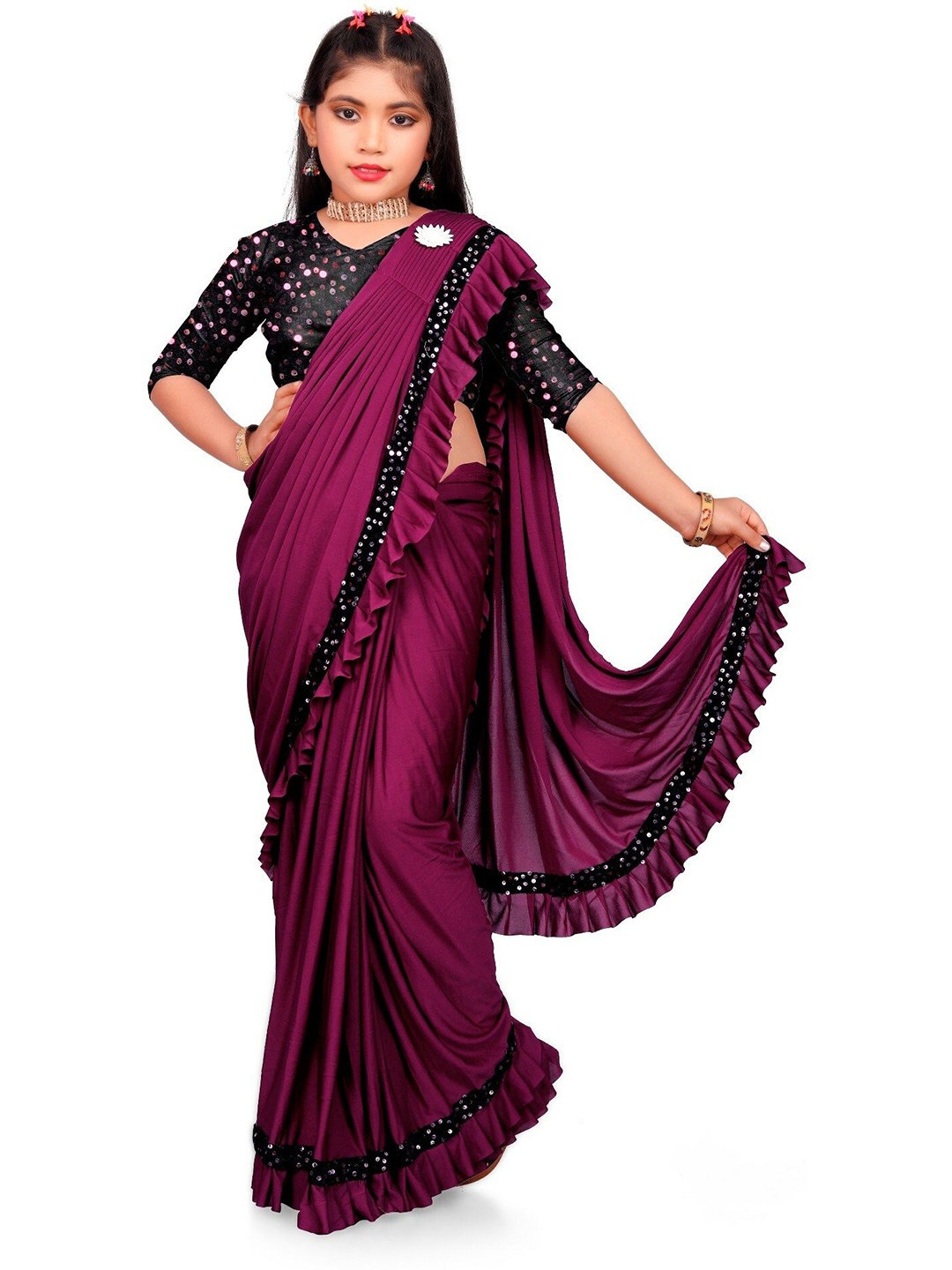 

Aika Girls Sequinned Ruffled Pure Chiffon Saree, Magenta