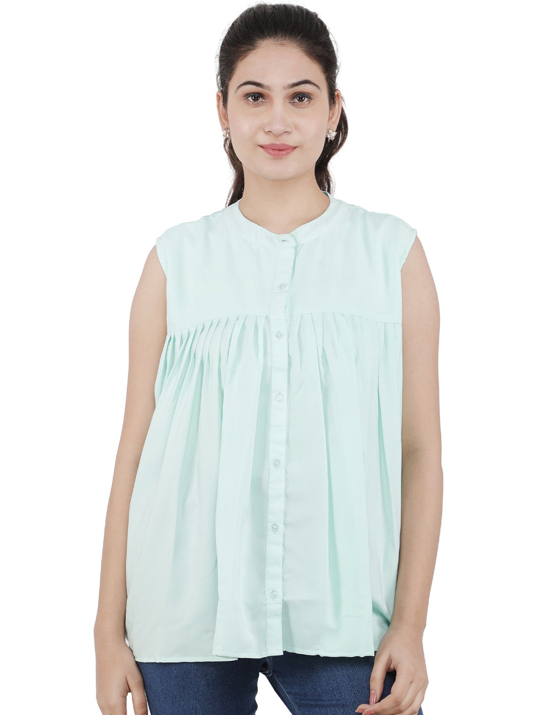 

CULPI Women Mandarin Collar Empire Top, Green
